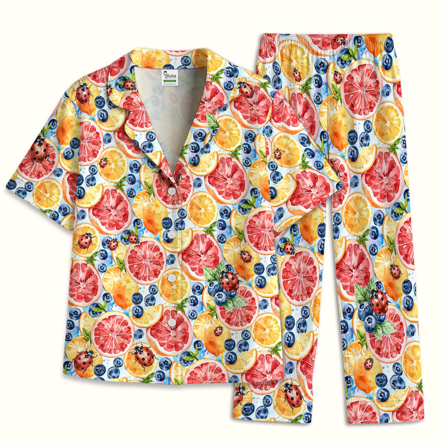 Cute Citrus Berry Ladybug Pattern Pajama Set, Soft Breathable Fabric Comfortable Sleepwear