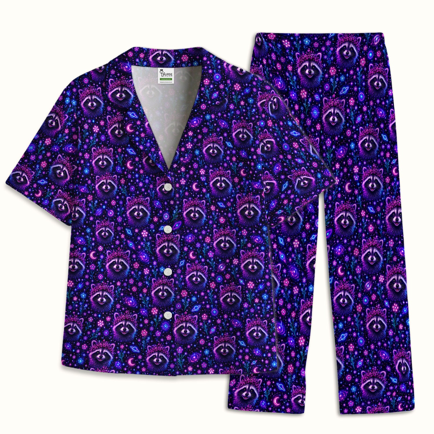 Galaxy Raccoon Nurse Pattern Pajama Set, Soft Breathable Fabric Comfortable Sleepwear