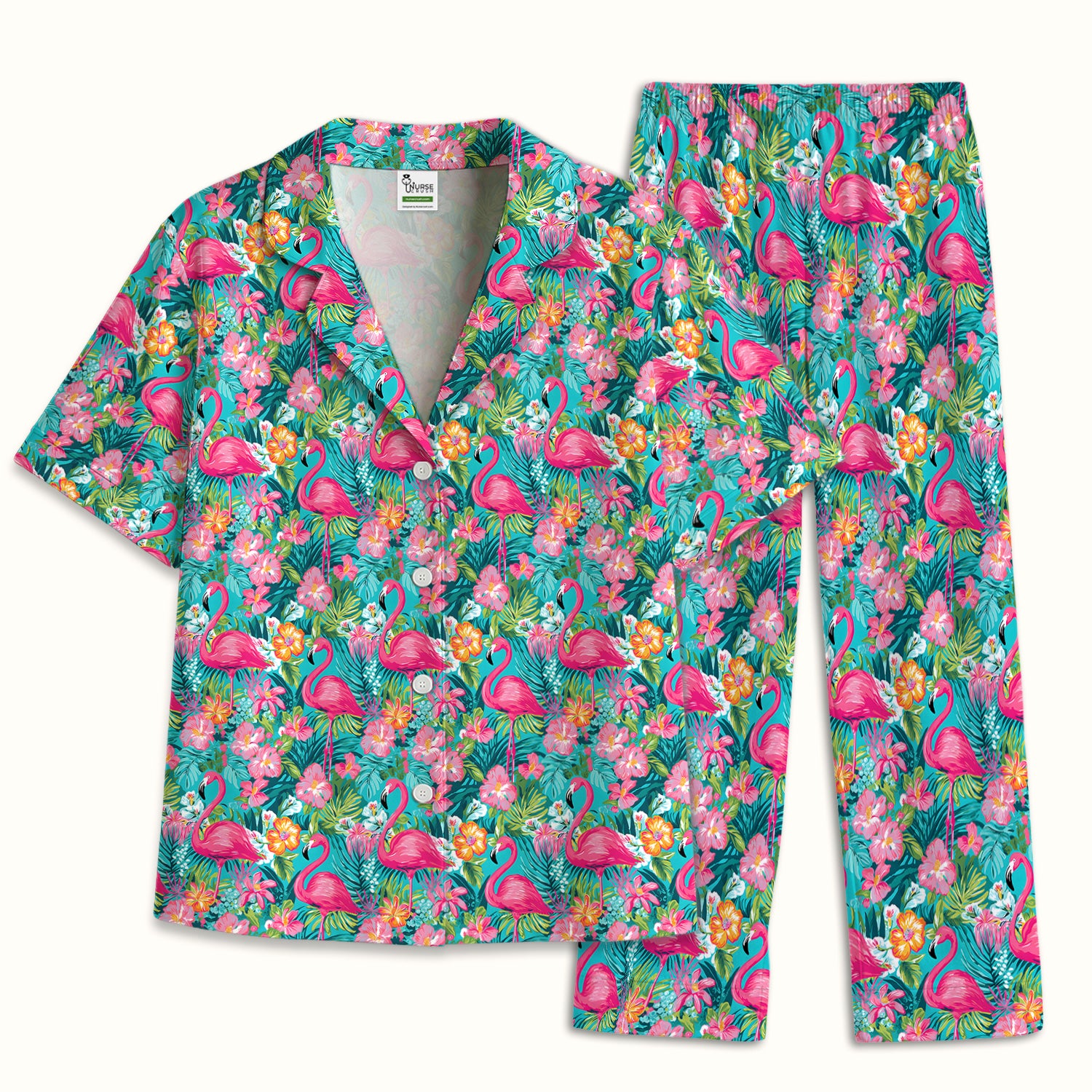 Tropical Flamingo Floral Pattern Pajama Set, Soft Breathable Fabric Comfortable Sleepwear