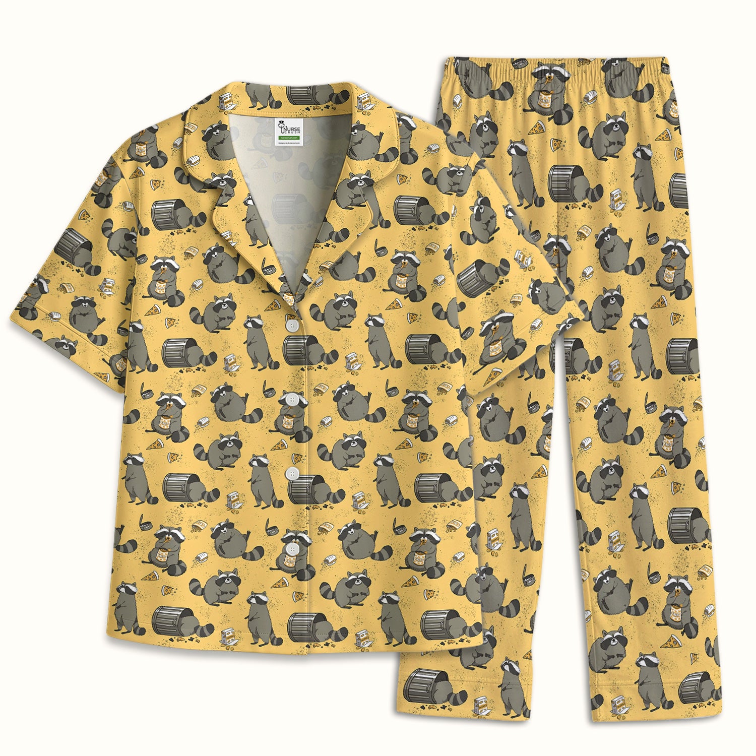 Raccoon Snack And Trash Can Pattern Pajama Set, Breathable Fabrics Uniform
