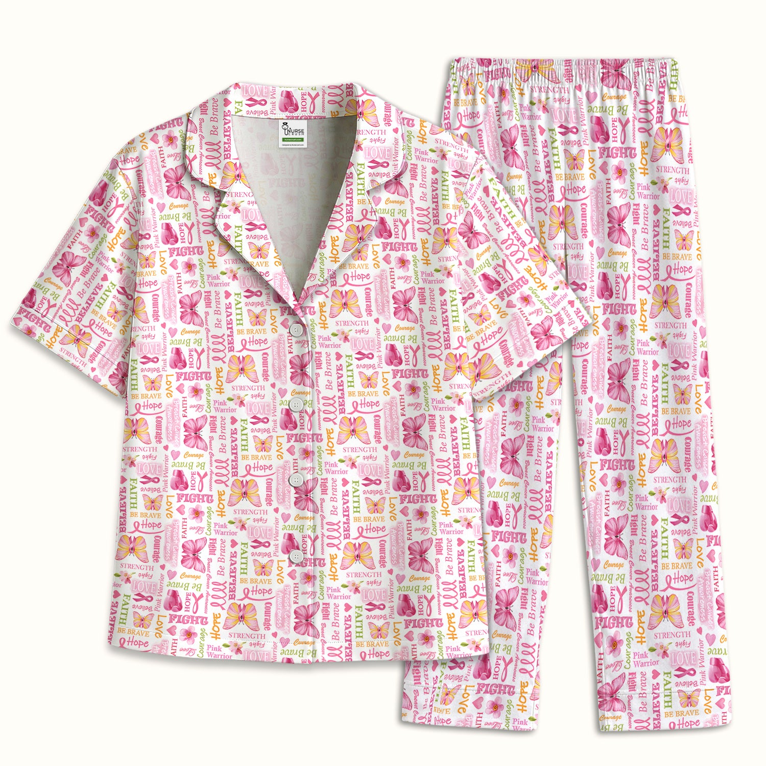 Pink Ribbon Butterfly Print Pajama Set, Soft Breathable Fabric Comfortable Sleepwear