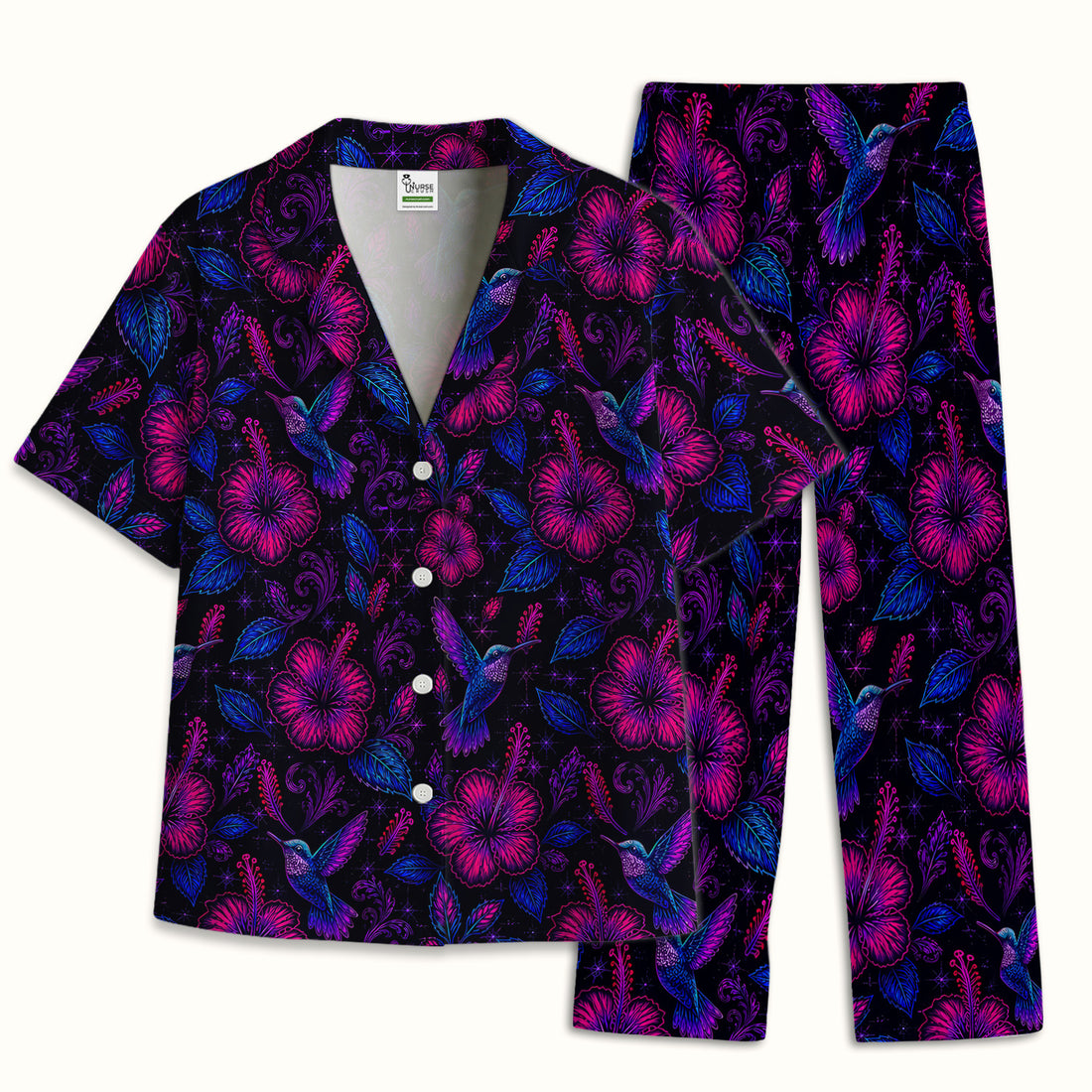 Tropical Hummingbird Hibiscus Floral Pattern Pajama Set, Soft Breathable Fabric Comfortable Sleepwear