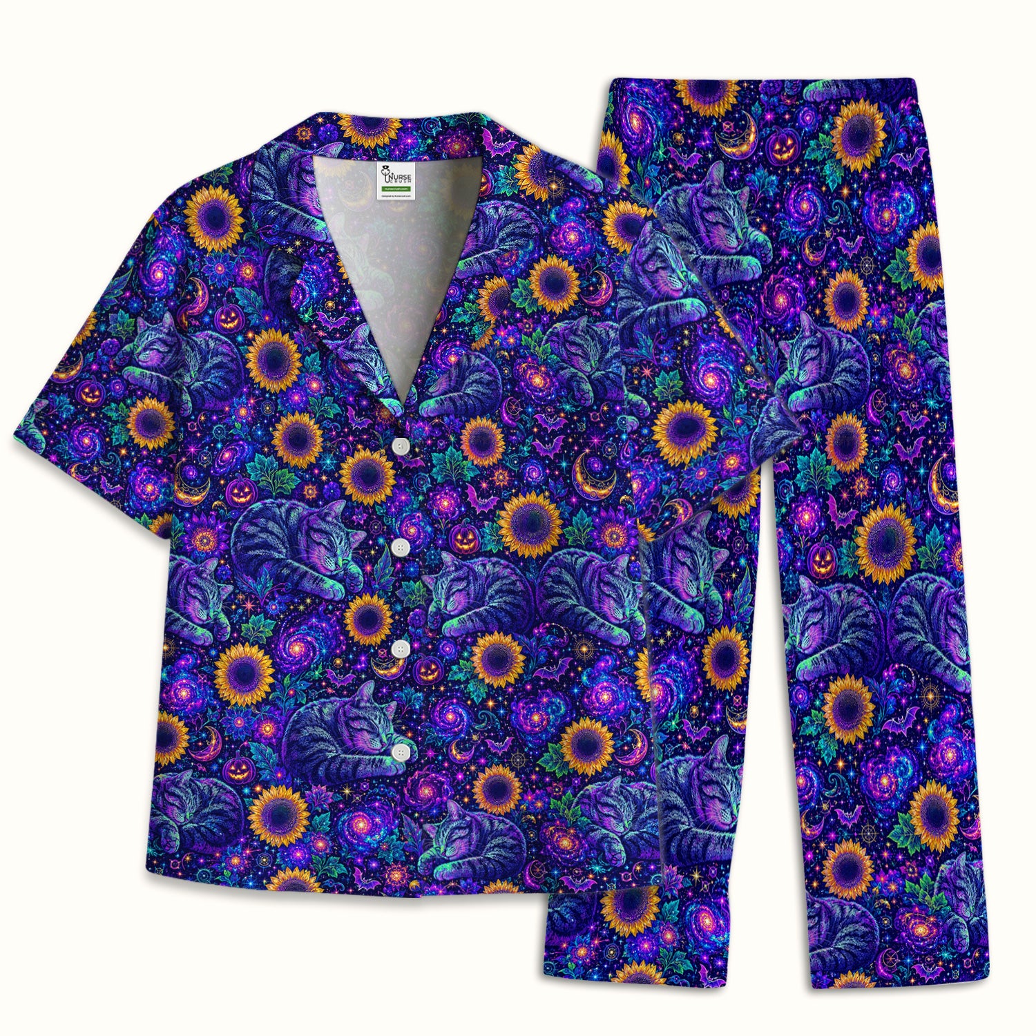 Spooky Galaxy Cat And Sunflowers Pajama Set, Soft Breathable Fabric Comfortable Sleepwear