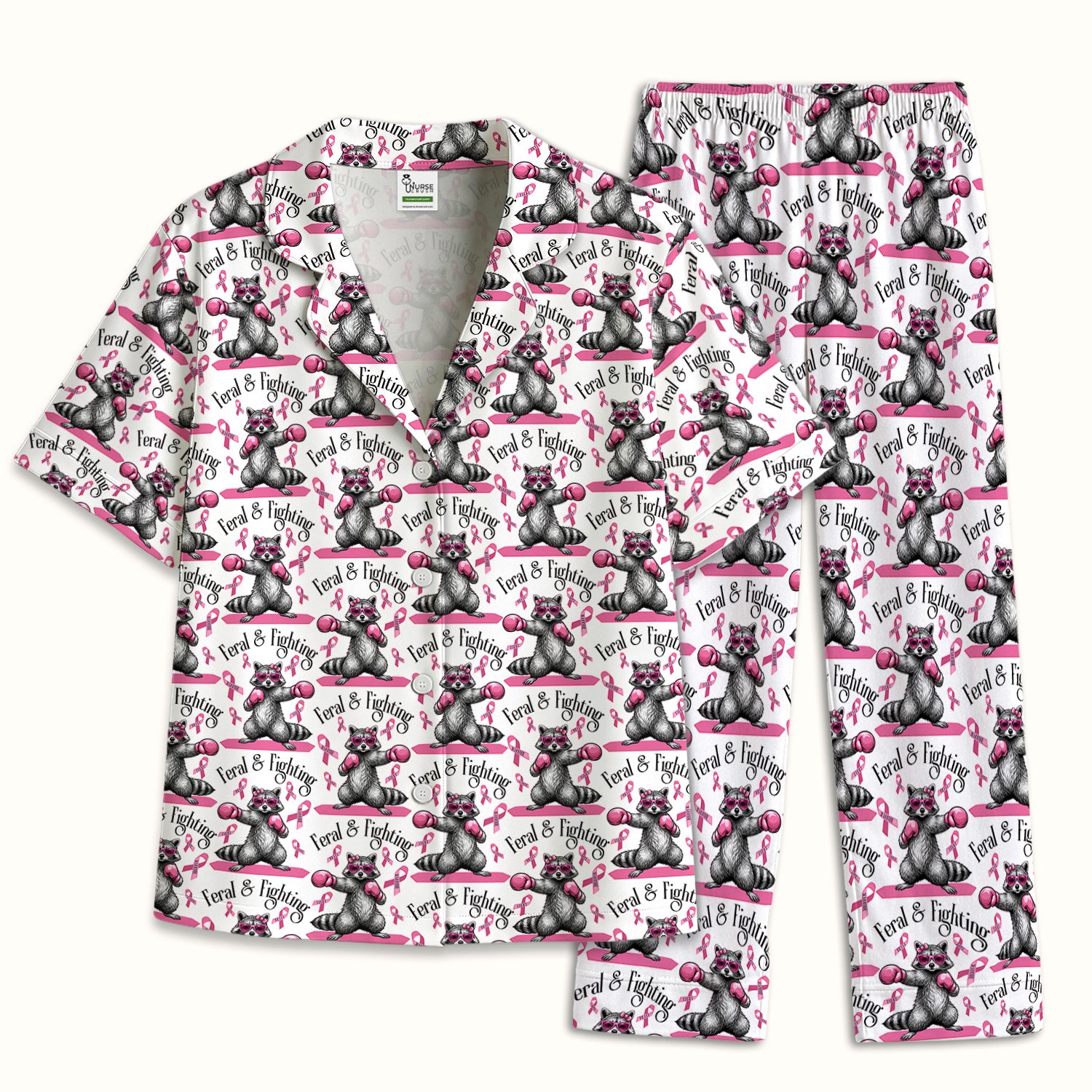 Breast Cancer Awareness Raccoon Pajama Set, Soft Breathable Fabric Comfortable Sleepwear