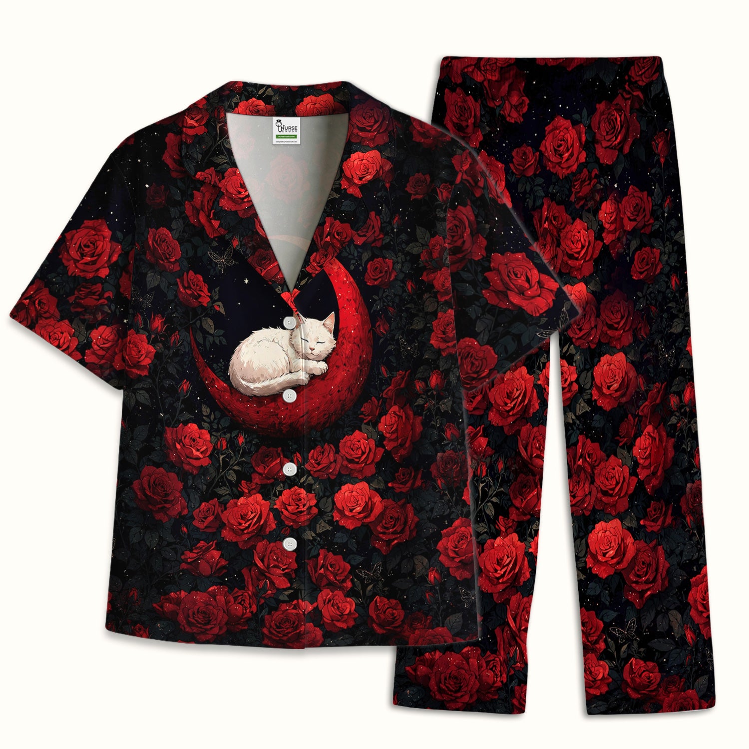 Gothic Red Moon Cat Nurse for Veterinary Staff, RN, CNA, Rose Medical Pajama Set, Soft Breathable Fabric Comfortable Sleepwear