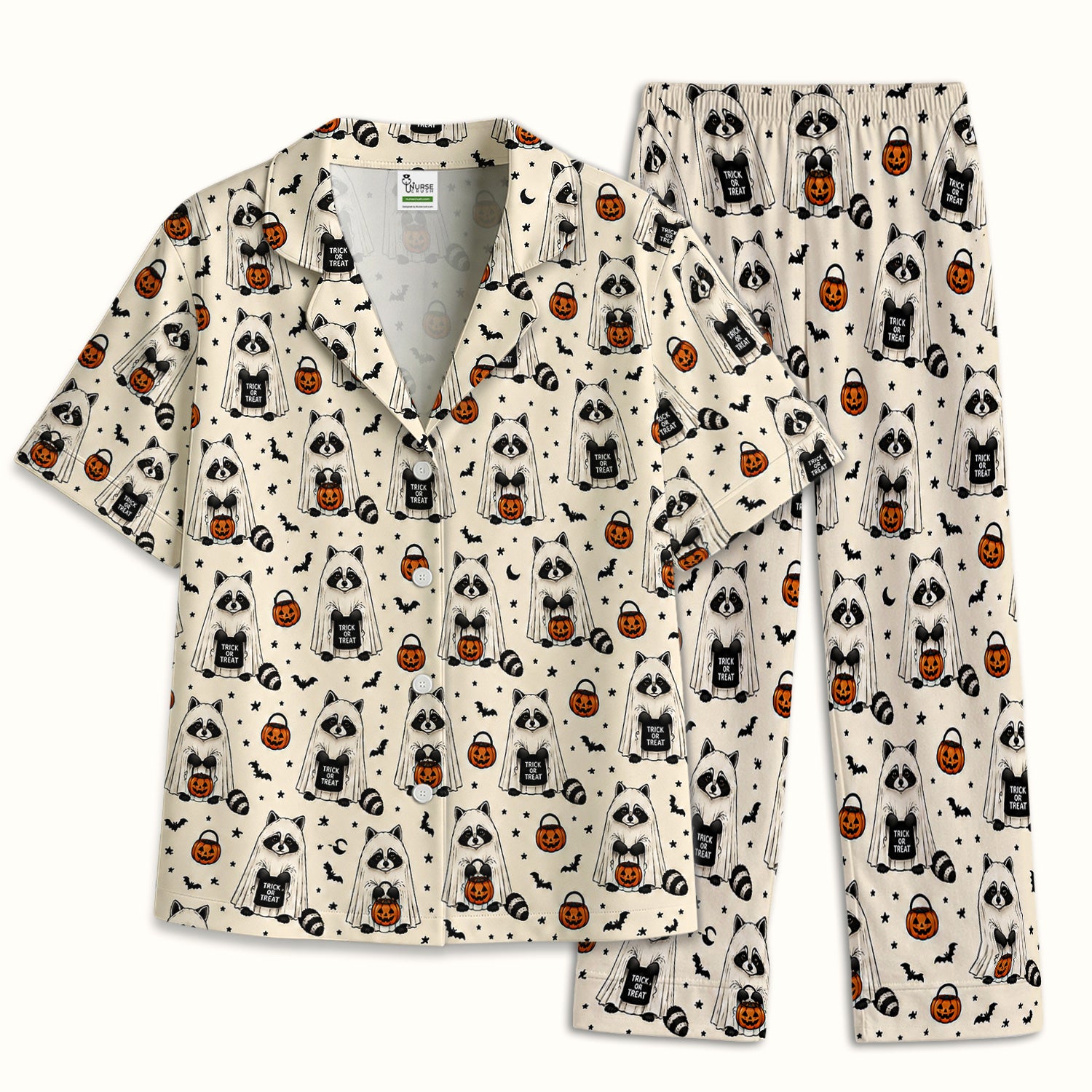 Cute Halloween Ghost Raccoon Pajama Set, Soft Breathable Fabric Comfortable Sleepwear
