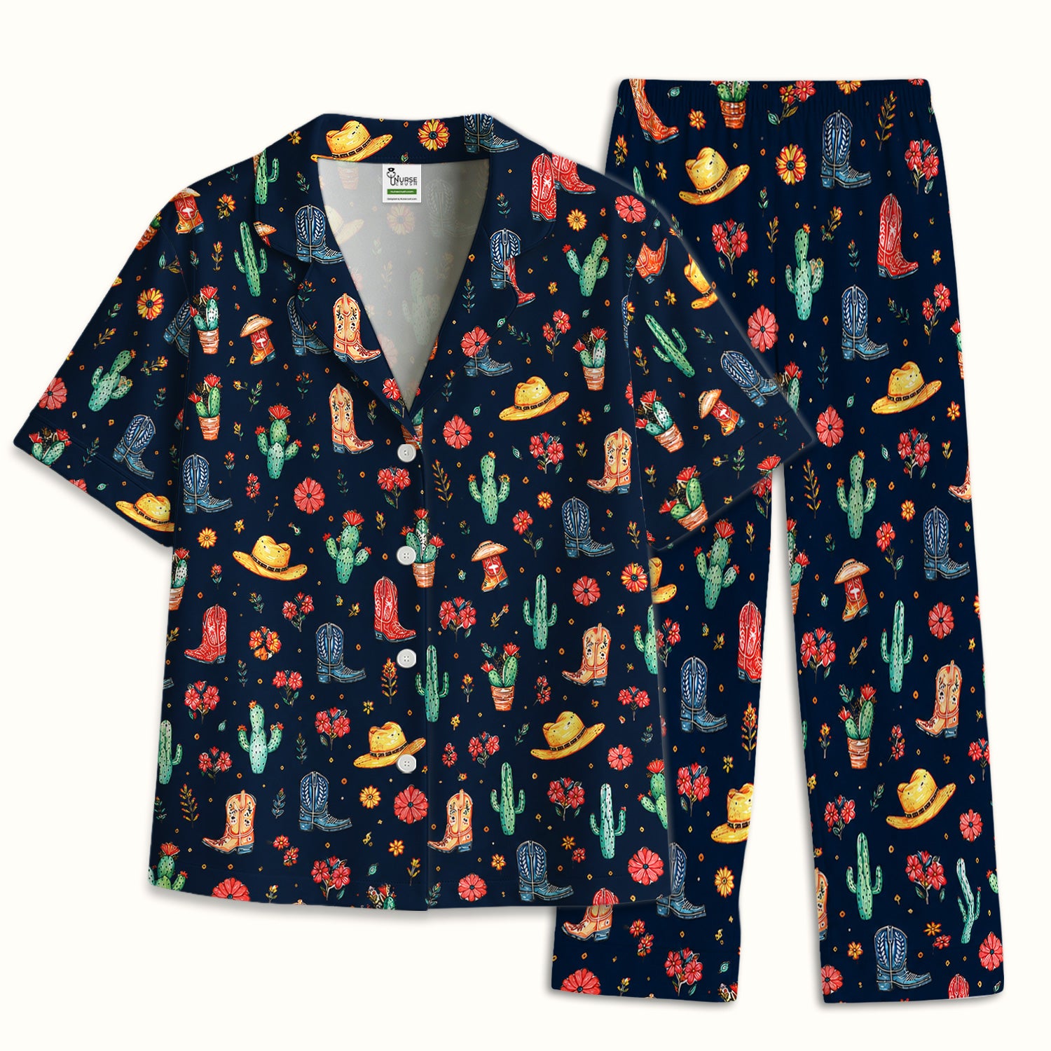 Whimsical Western Cactus Boots Pattern Pajama Set, Soft Breathable Fabric Comfortable Sleepwear