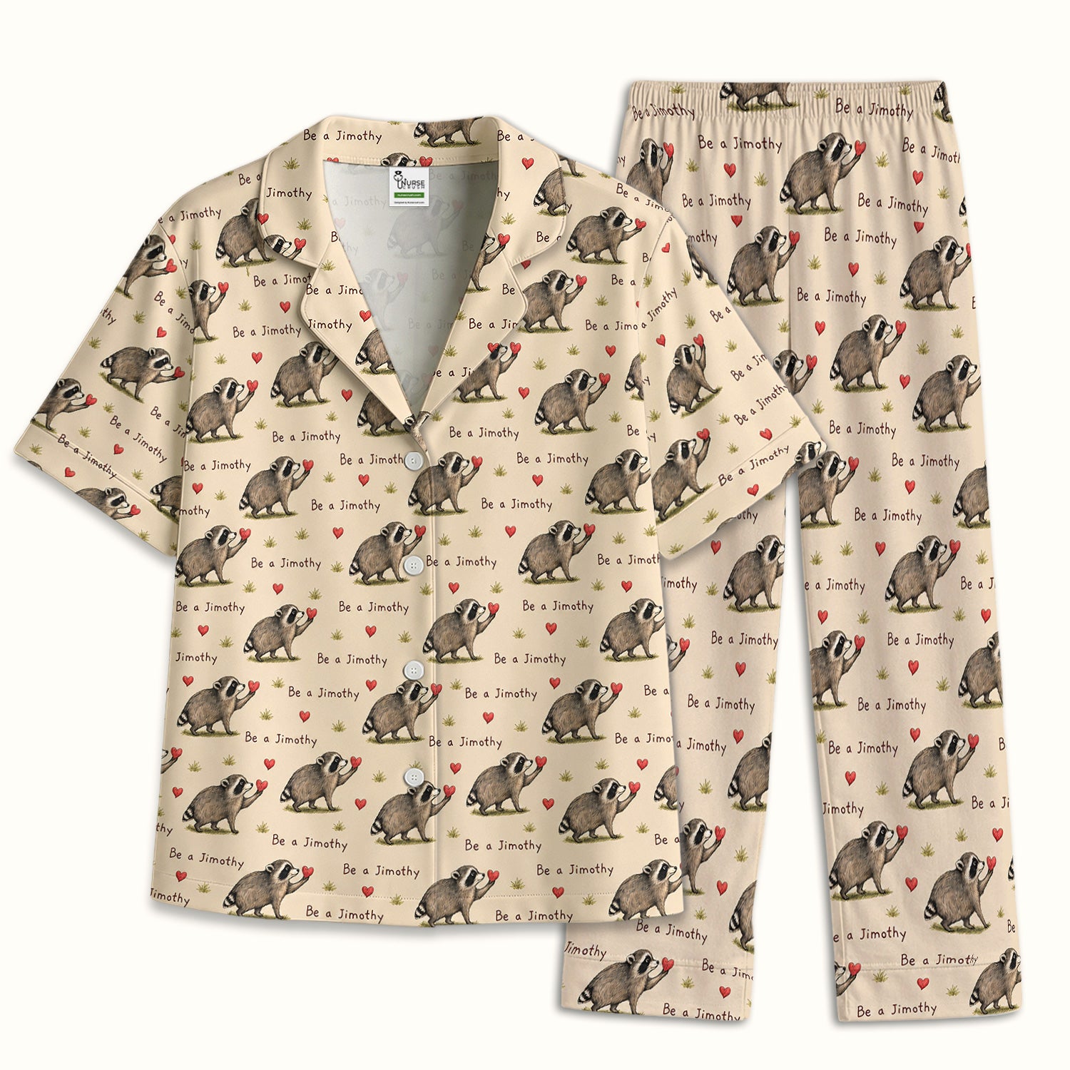 Cute Be A Jimothy Raccoon Hearts Pajama Set, Soft Breathable Fabric Comfortable Sleepwear