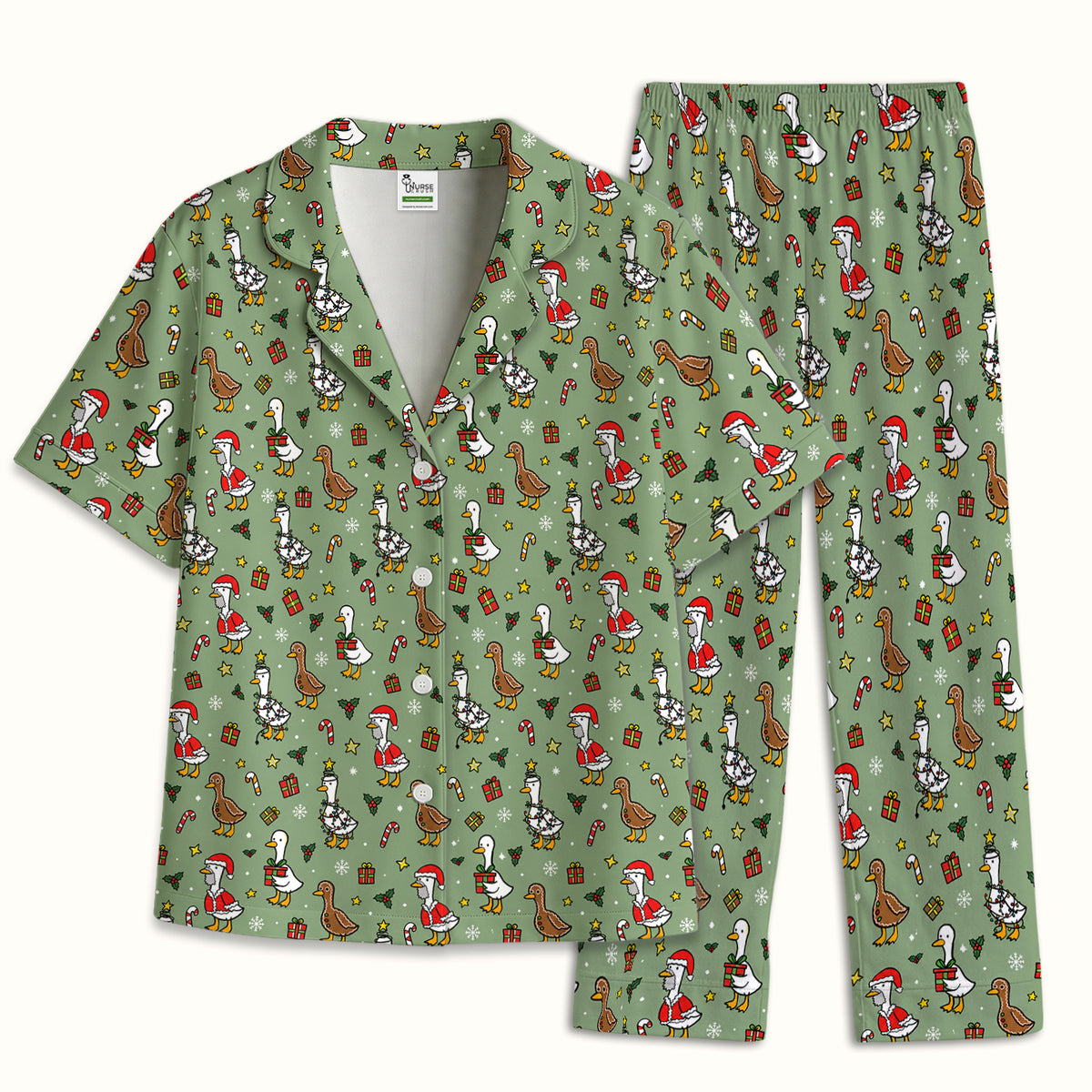 Christmas Geese In Festive Costumes Pajama Set, Soft Breathable Fabric Comfortable Sleepwear