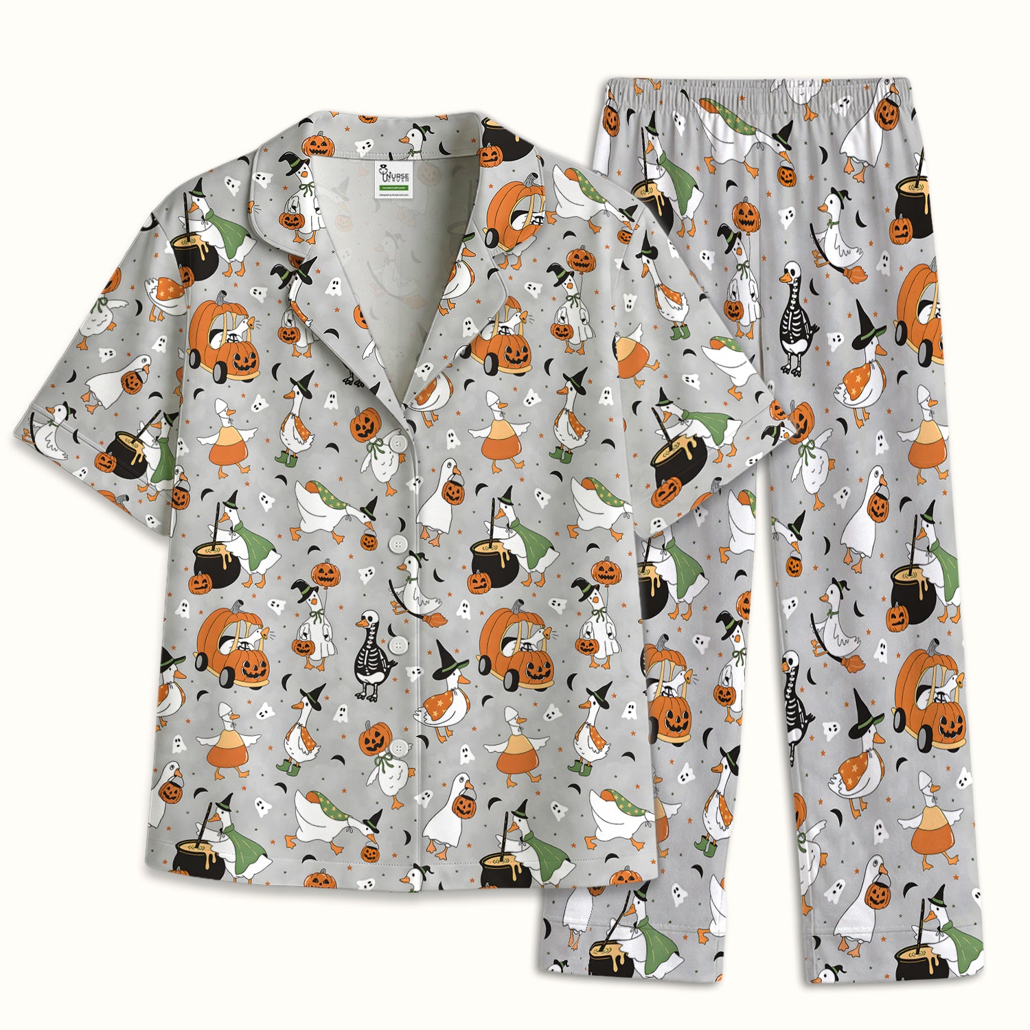 Goose with Pumpkin Checkered Print Pajama Set, Soft Breathable Fabric Comfortable Sleepwear