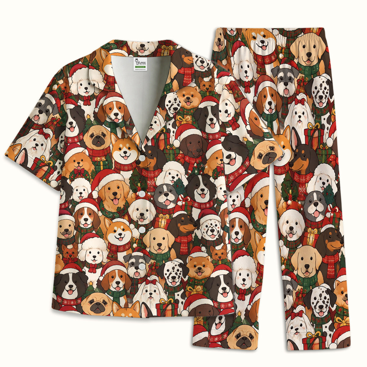 Christmas Dog Breeds Collage Pattern Pajama Set, Soft Breathable Fabric Comfortable Sleepwear