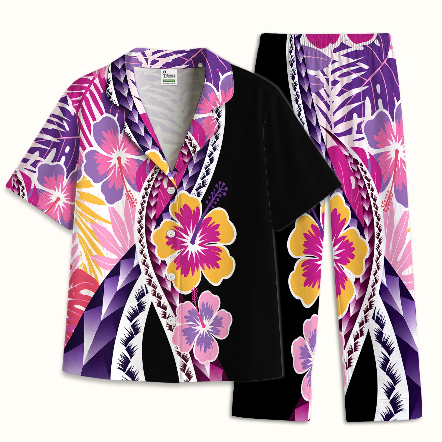 Nurse Tropical Hibiscus Leaf Pattern Pajama Set, Soft Breathable Fabric Comfortable Sleepwear
