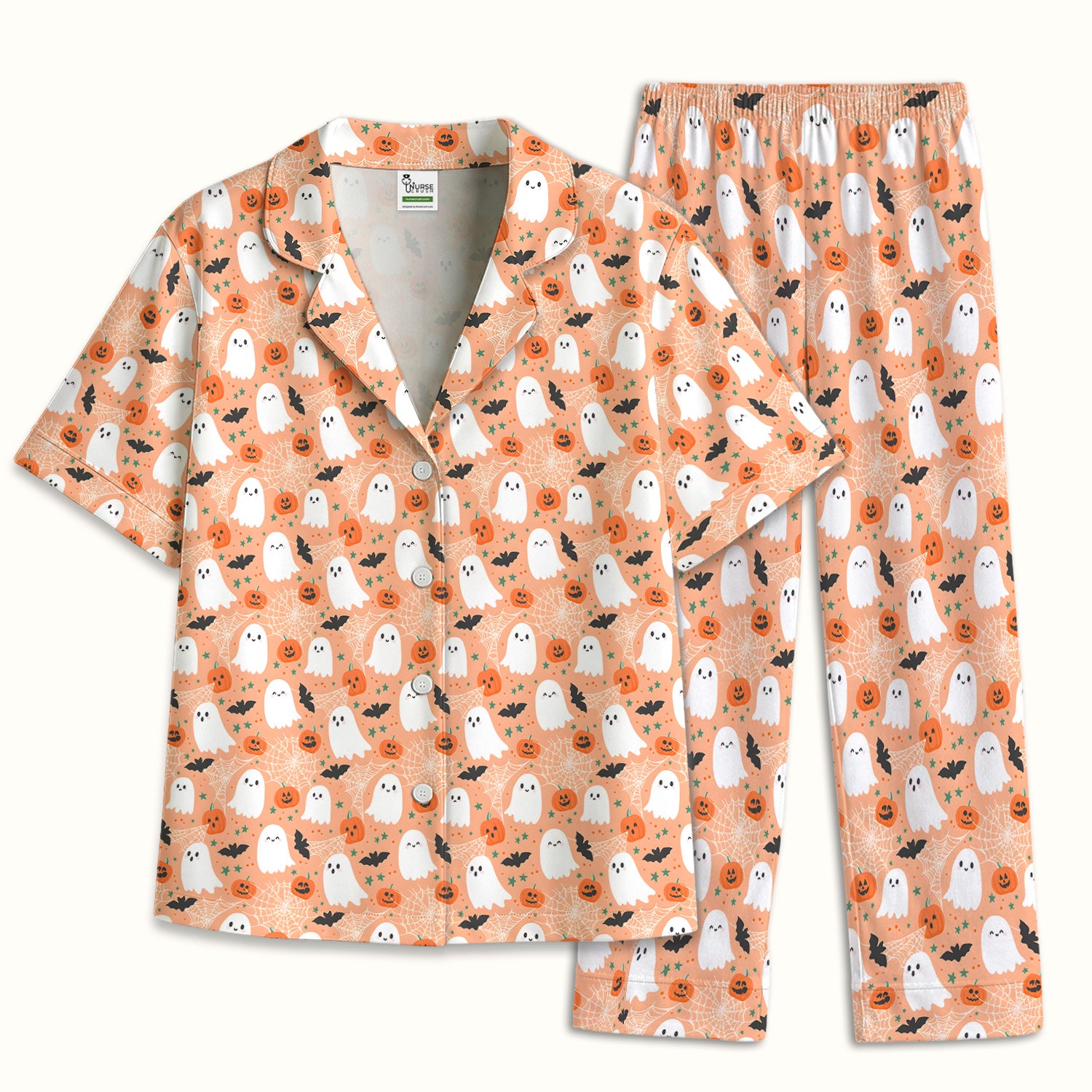 Cute Halloween Ghost And Pumpkin Pajama Set, Soft Breathable Fabric Comfortable Sleepwear