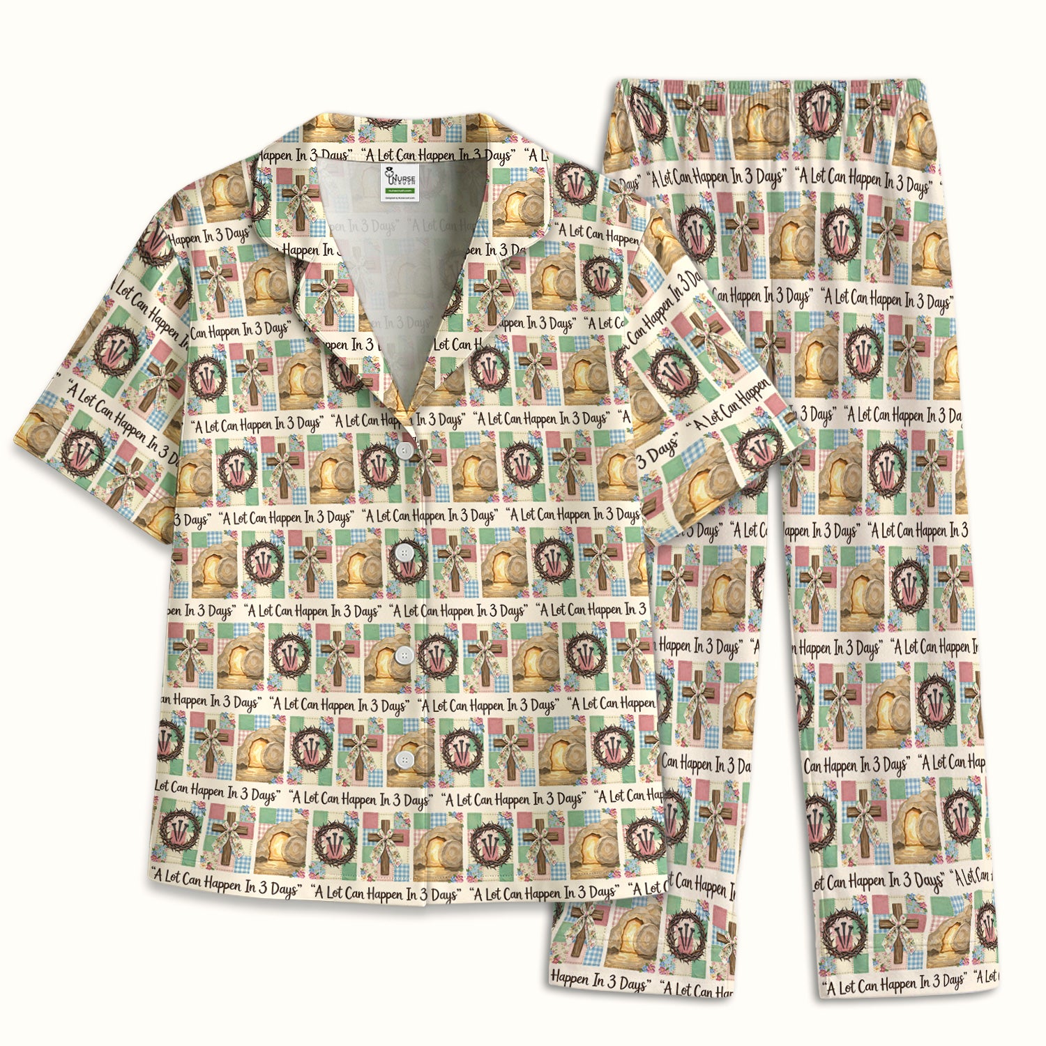 Christian Easter Cross Print Pajama Set, Breathable Fabrics Uniform