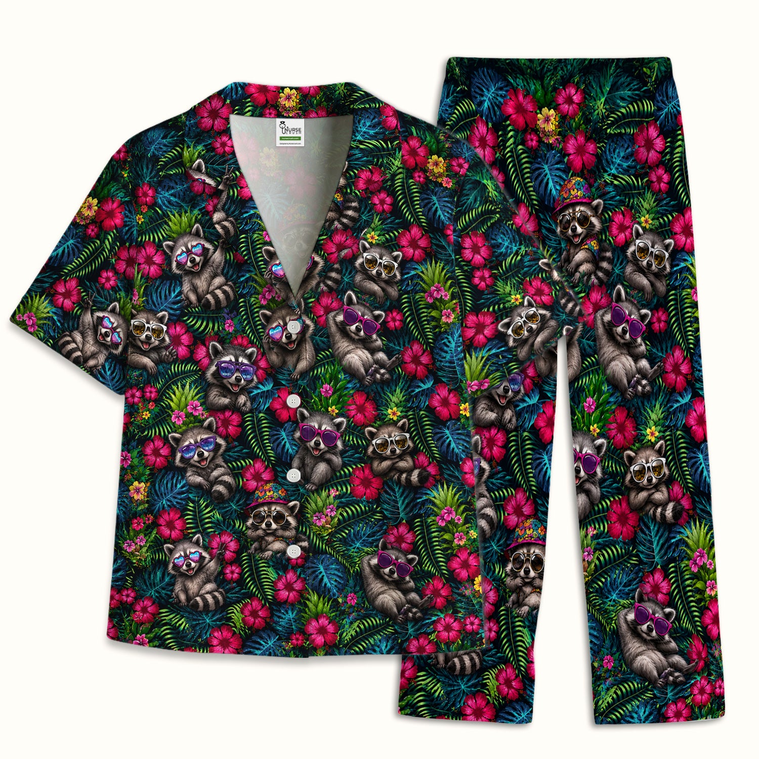 Tropical Raccoon Nurse Floral Pattern Pajama Set, Soft Breathable Fabric Comfortable Sleepwear