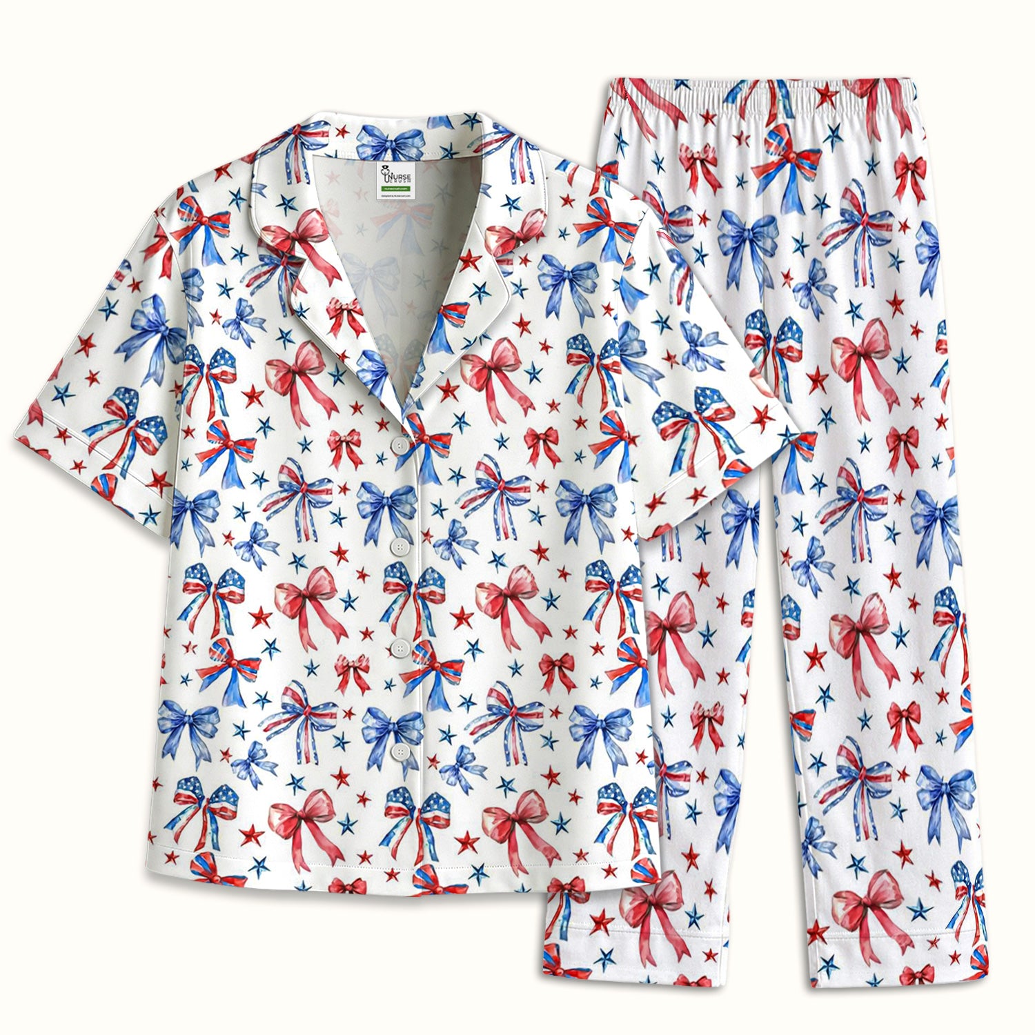 Festive Patriotic Ribbon Bow Star Pattern Pajama Set, Soft Breathable Fabric Comfortable Sleepwear