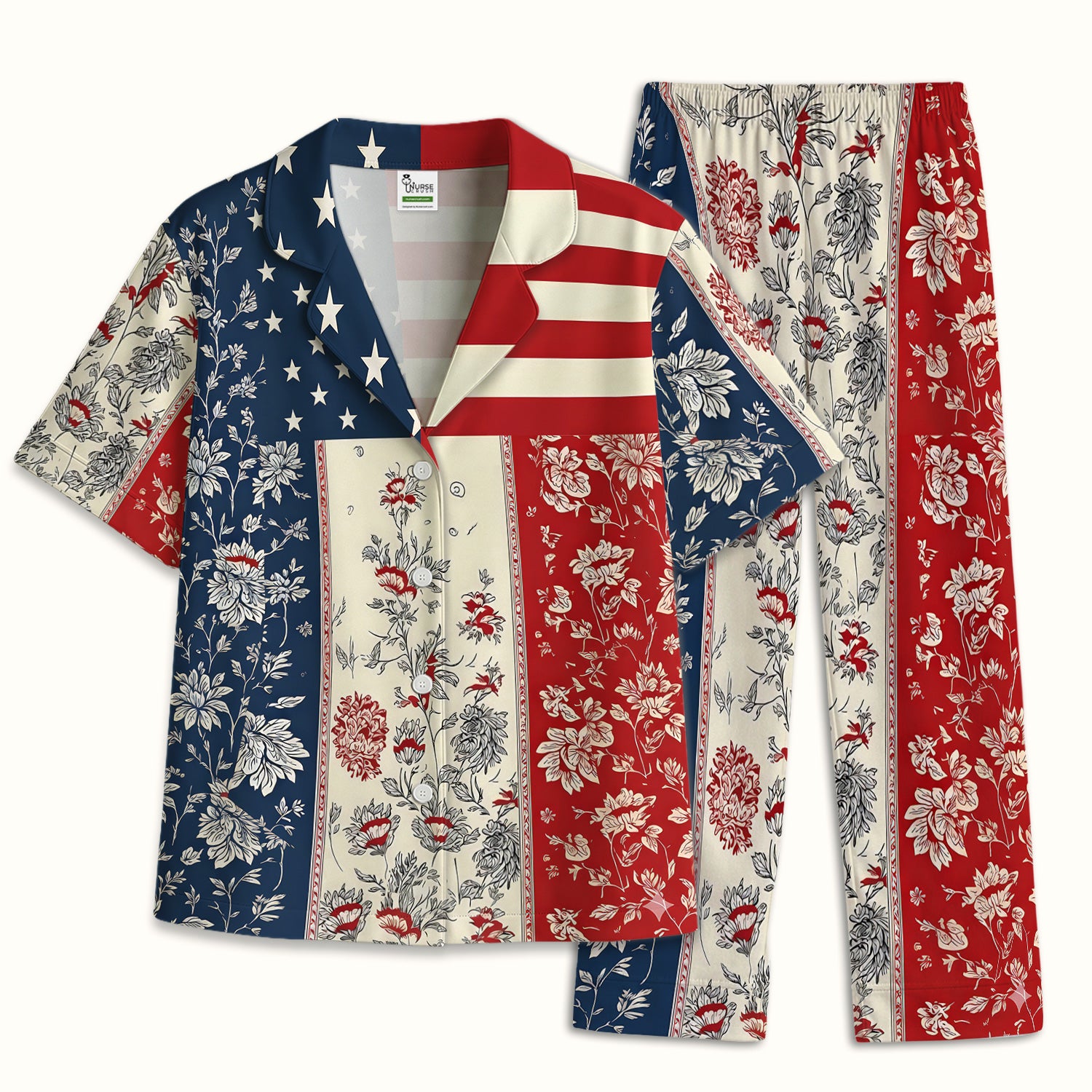 Patriotic Nurse Flag Patchwork Pattern Pajama Set, Soft Breathable Fabric Comfortable Sleepwear