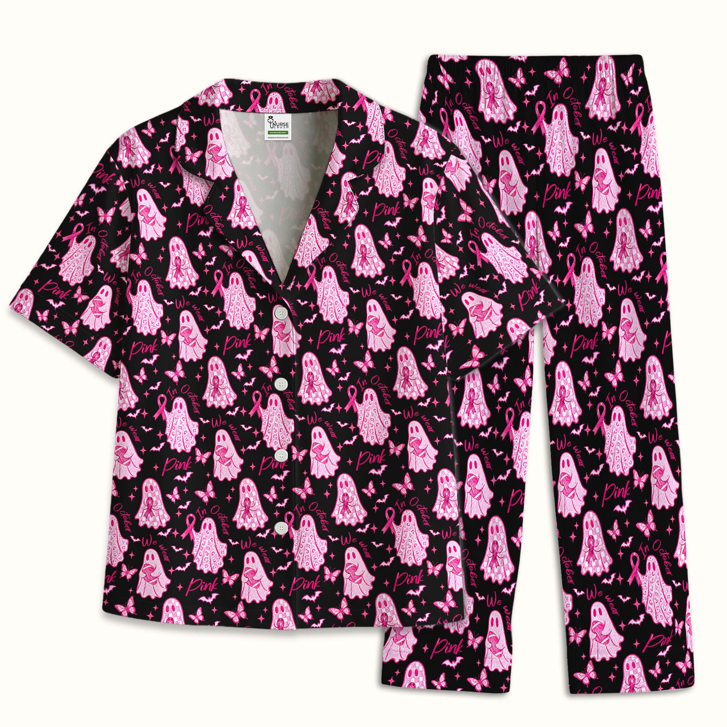 Pink Ribbon Ghost Pajama Set, Soft Breathable Fabric Comfortable Sleepwear
