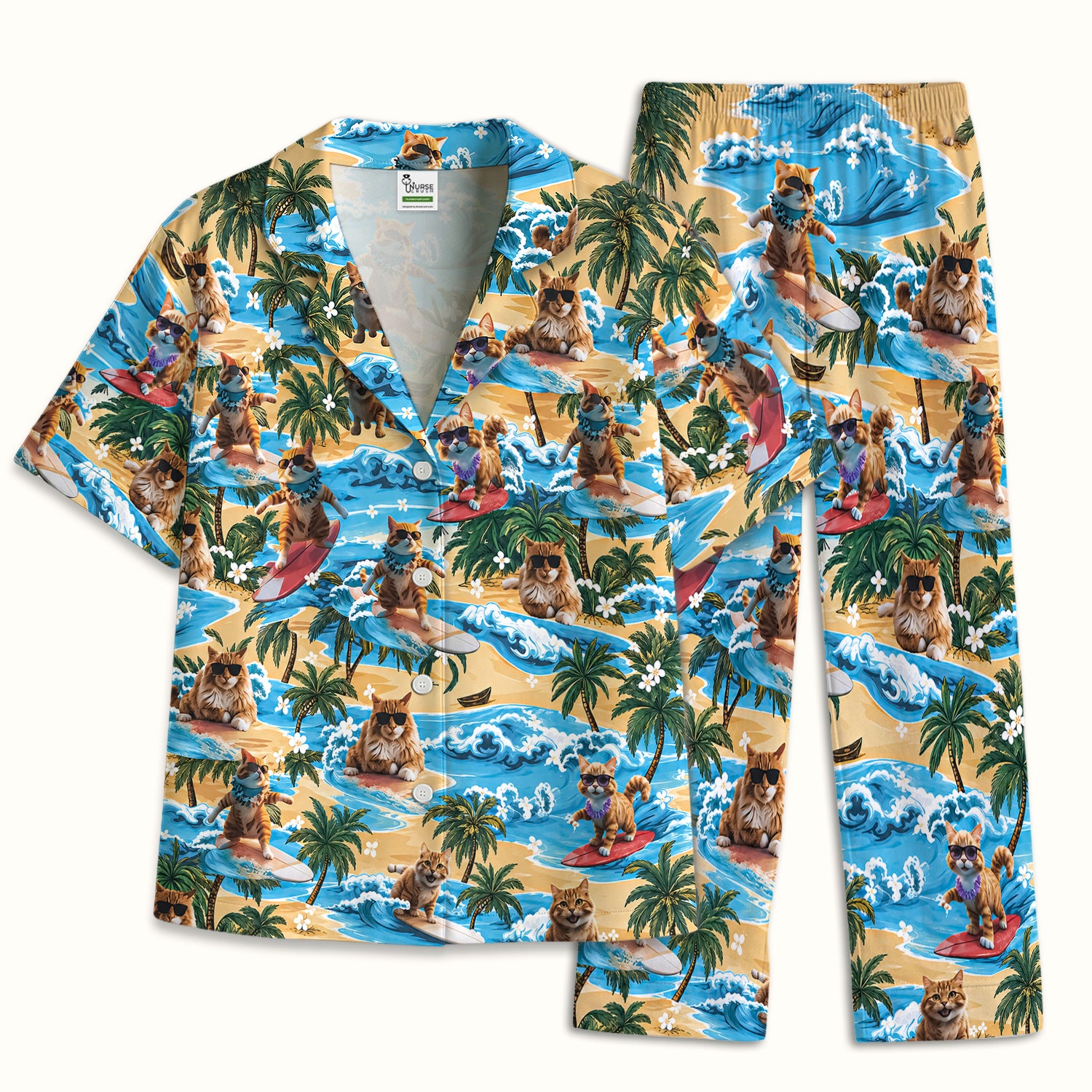 Tropical Surfing Cat with Beach Wave Island Print Pajama Set, Soft Breathable Fabric Comfortable Sleepwear