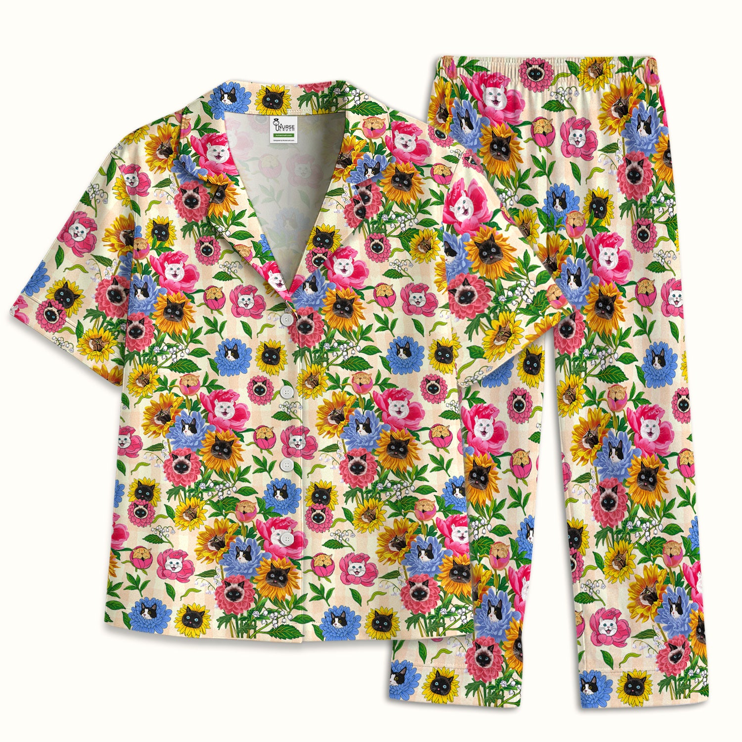 Cat Face Hidden In Colorful Flower Garden Pajama Set, Breathable Fabrics Uniform