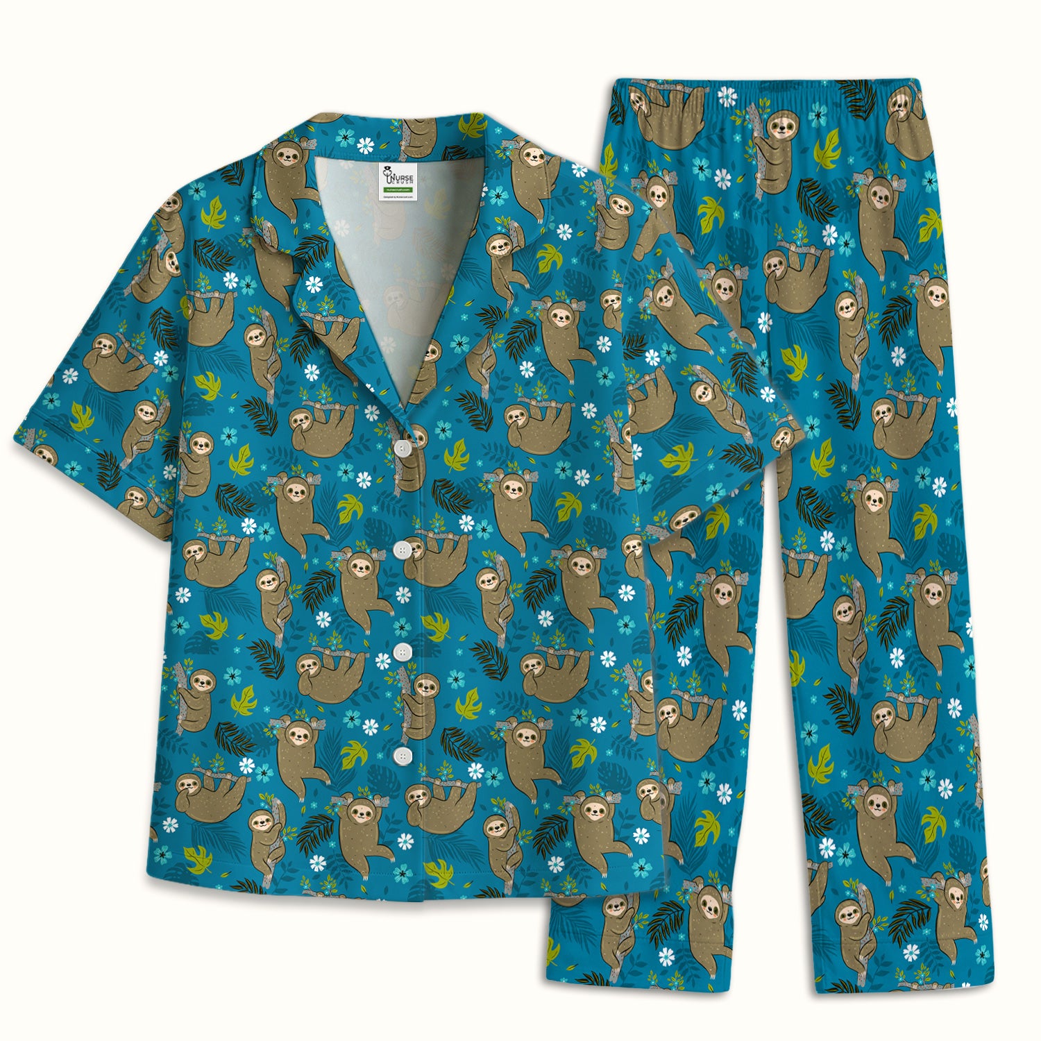 Jungle Tropical Sloth Pattern Pajama Set, Soft Breathable Fabric Comfortable Sleepwear