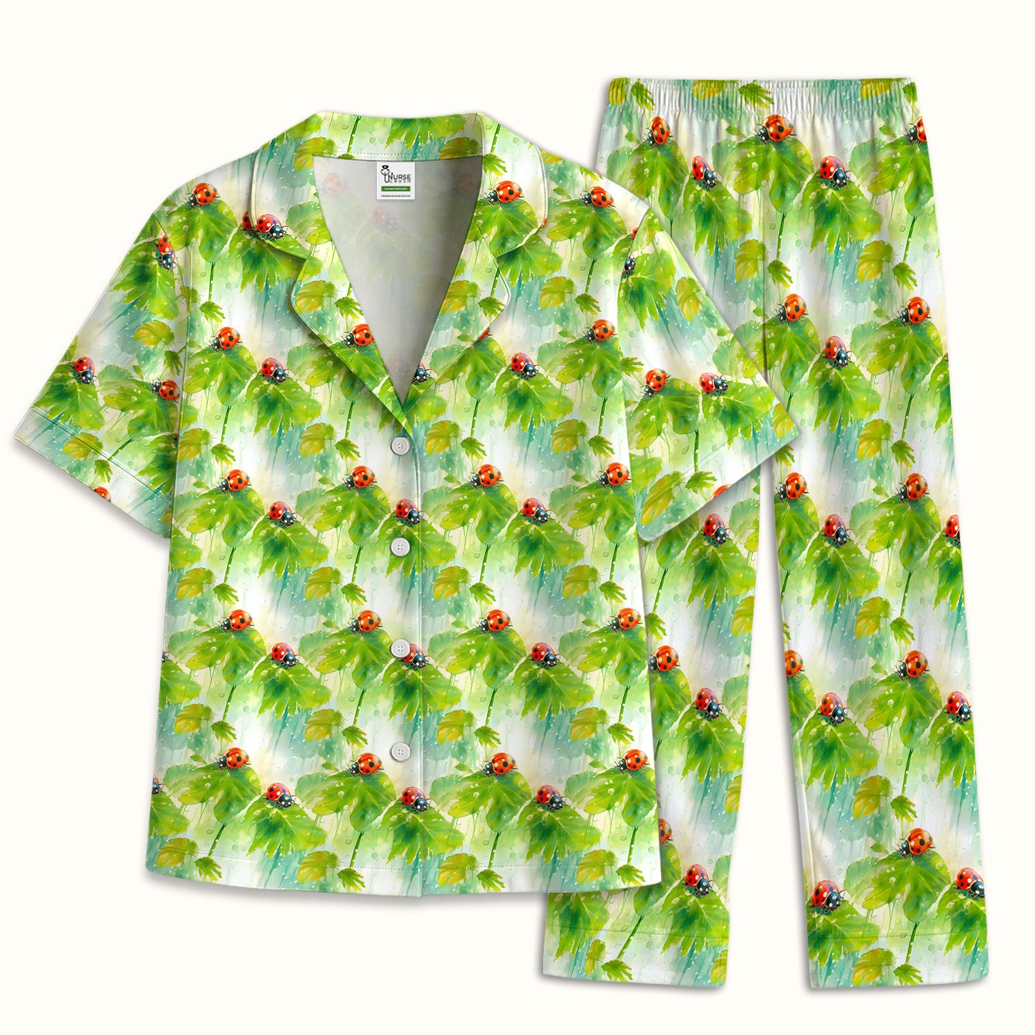 Ladybugs On Rainy Leaves Pattern Pajama Set, Soft Breathable Fabric Comfortable Sleepwear