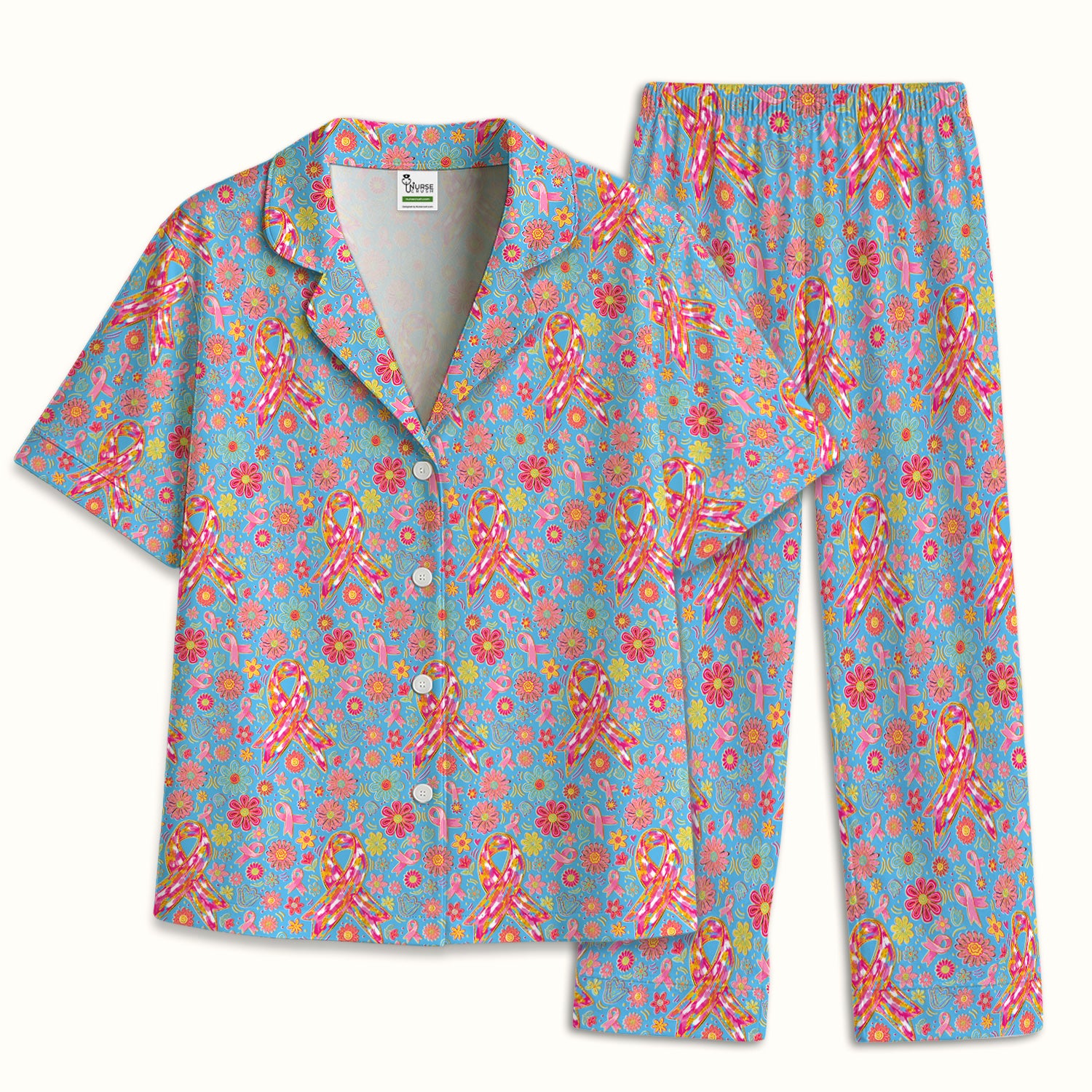 Colorful Pink Ribbon Floral Pajama Set, Soft Breathable Fabric Comfortable Sleepwear