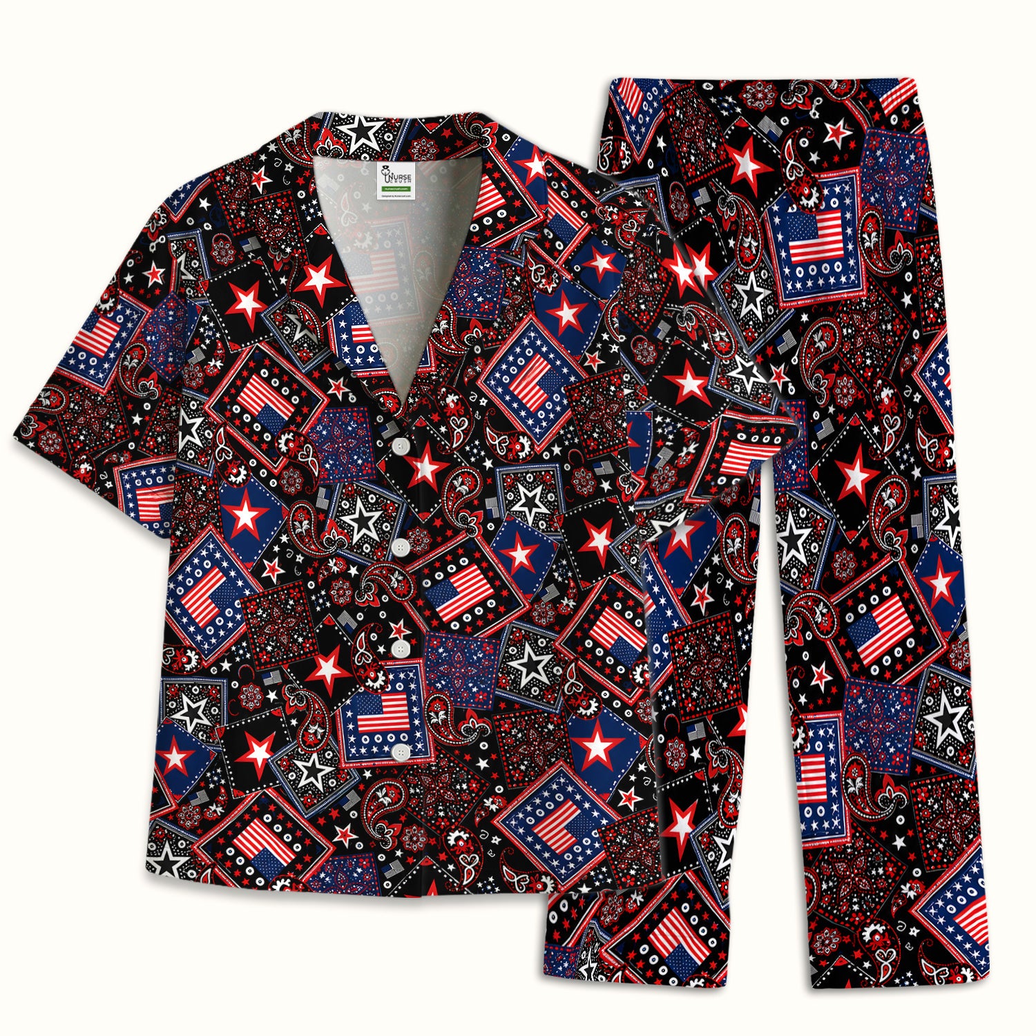 Patriotic Bandana With USA Flag Pattern Pajama Set, Soft Breathable Fabric Comfortable Sleepwear