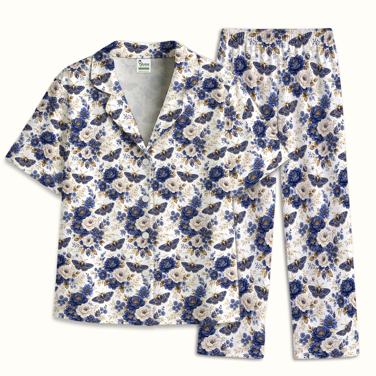 Cute Blue Floral Moth Pattern Pajama Set, Soft Breathable Fabric Comfortable Sleepwear