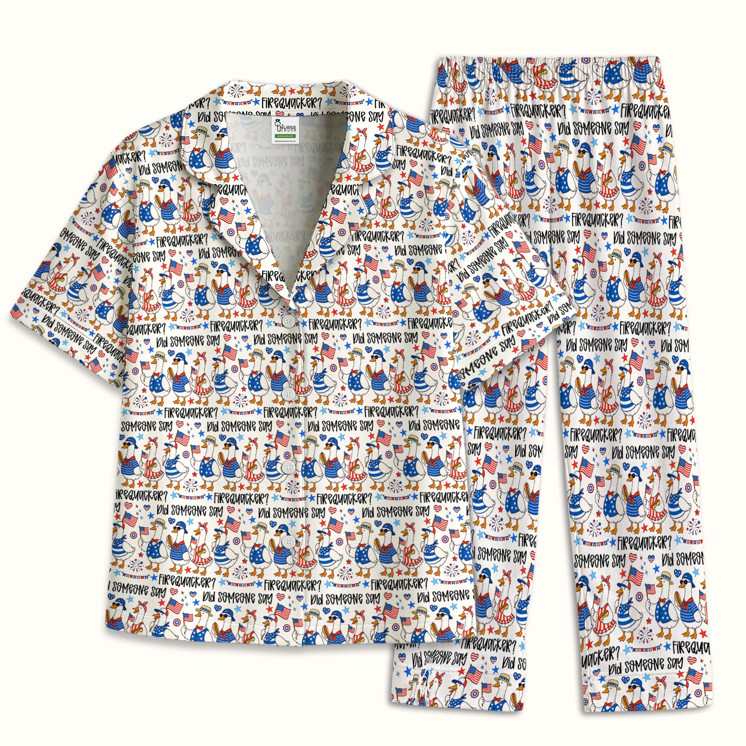 Funny Patriotic Goose Pattern Pajama Set, Soft Breathable Fabric Comfortable Sleepwear