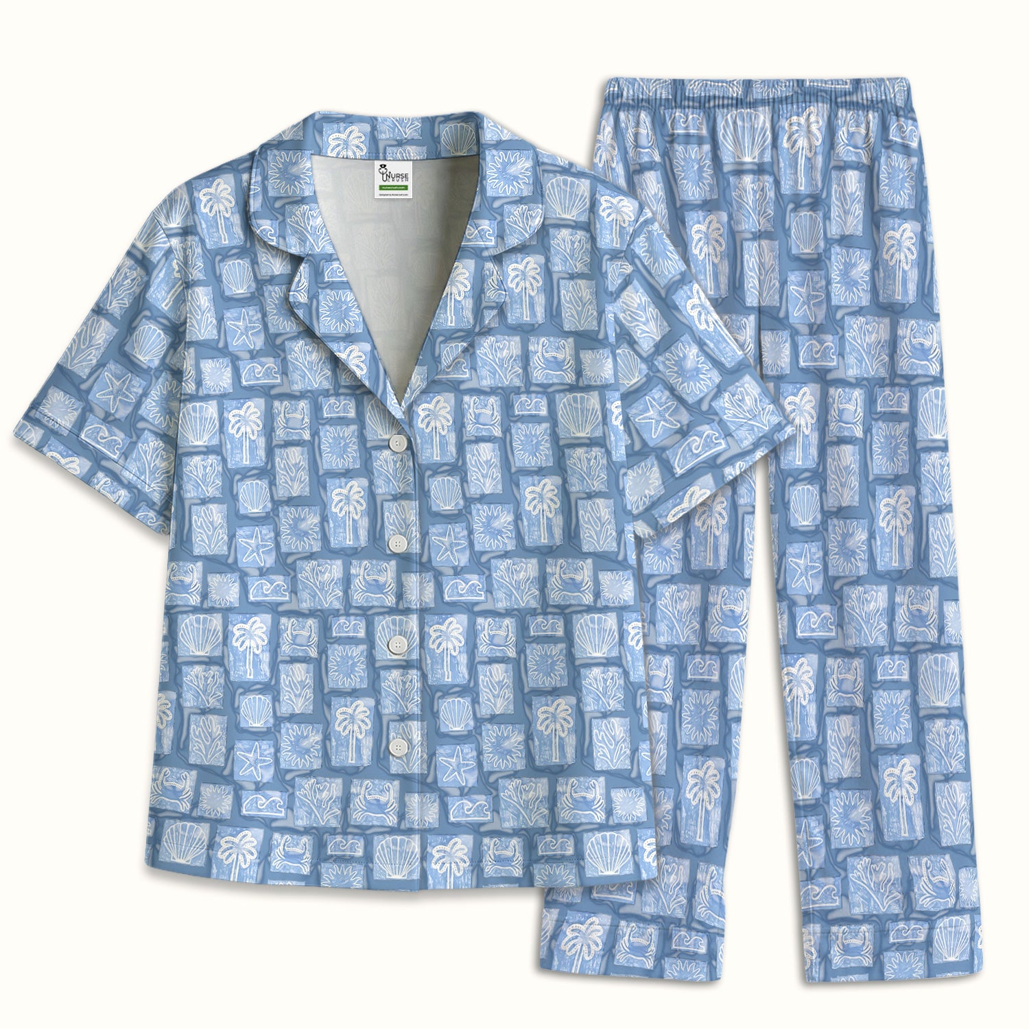 Coastal Seashell Starfish Nurse Pattern Pajama Set, Soft Breathable Fabric Comfortable Sleepwear