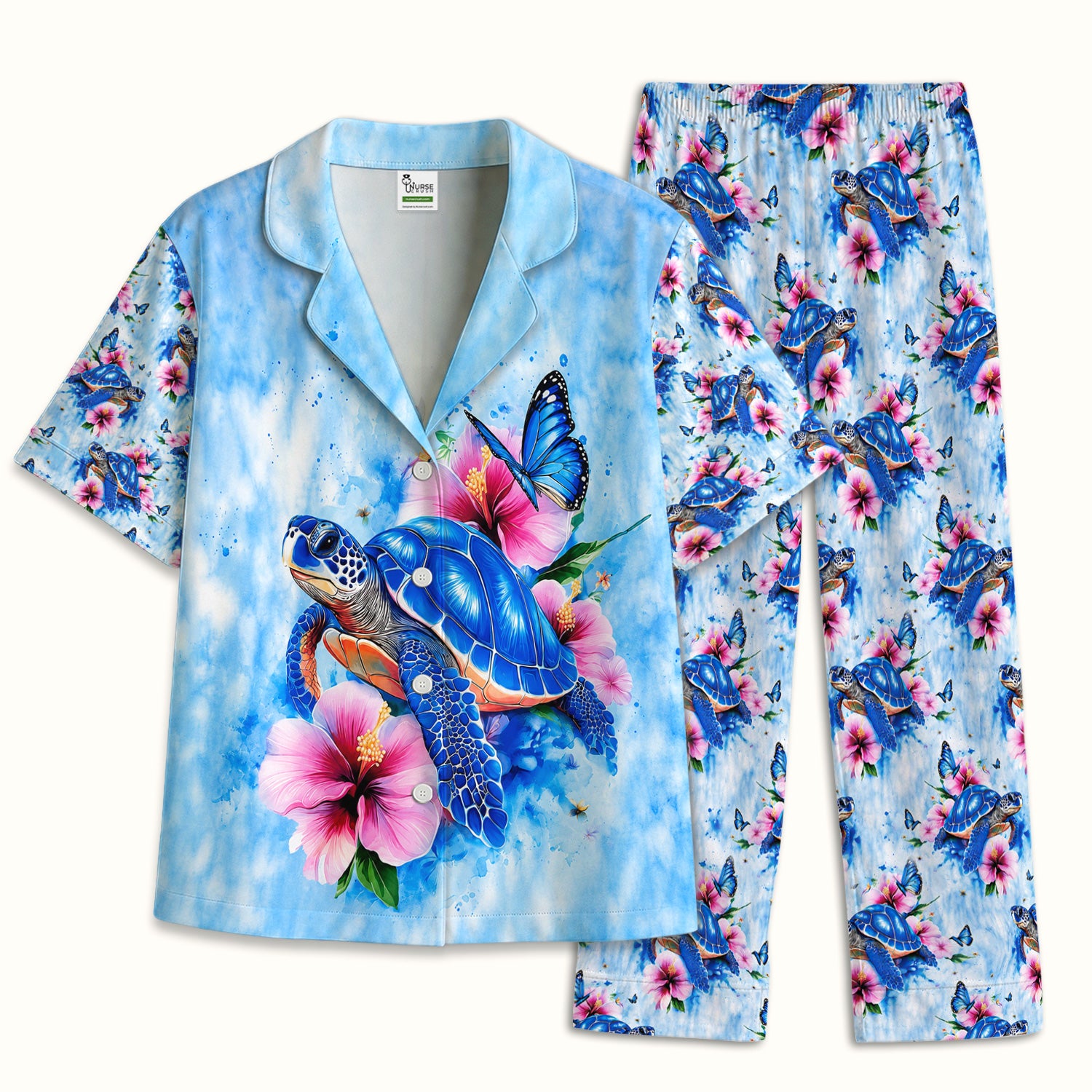 Blue Sea Turtle Hibiscus Butterfly Print Pajama Set, Soft Breathable Fabric Comfortable Sleepwear
