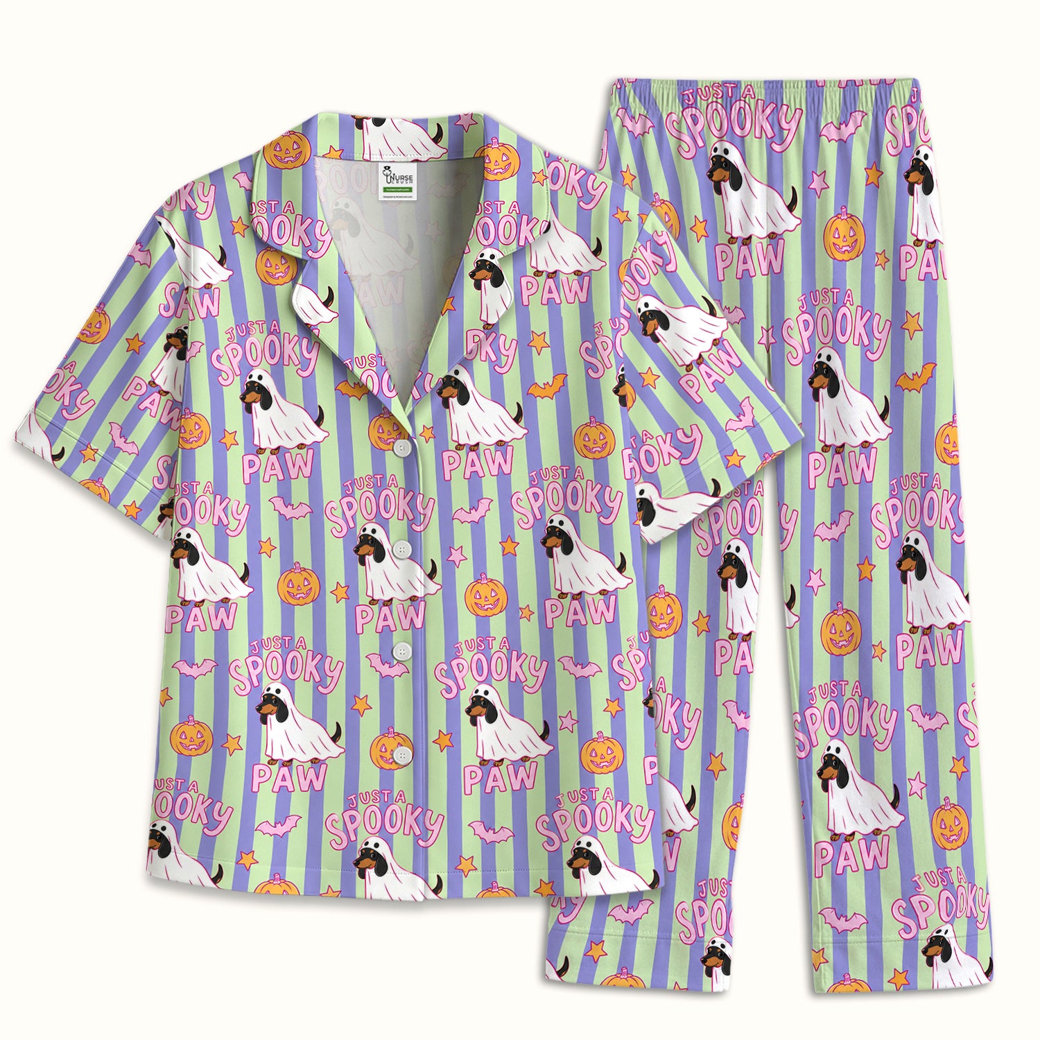 Just A Spooky Dachshund Paw Print Pajama Set, Soft Breathable Fabric Comfortable Sleepwear