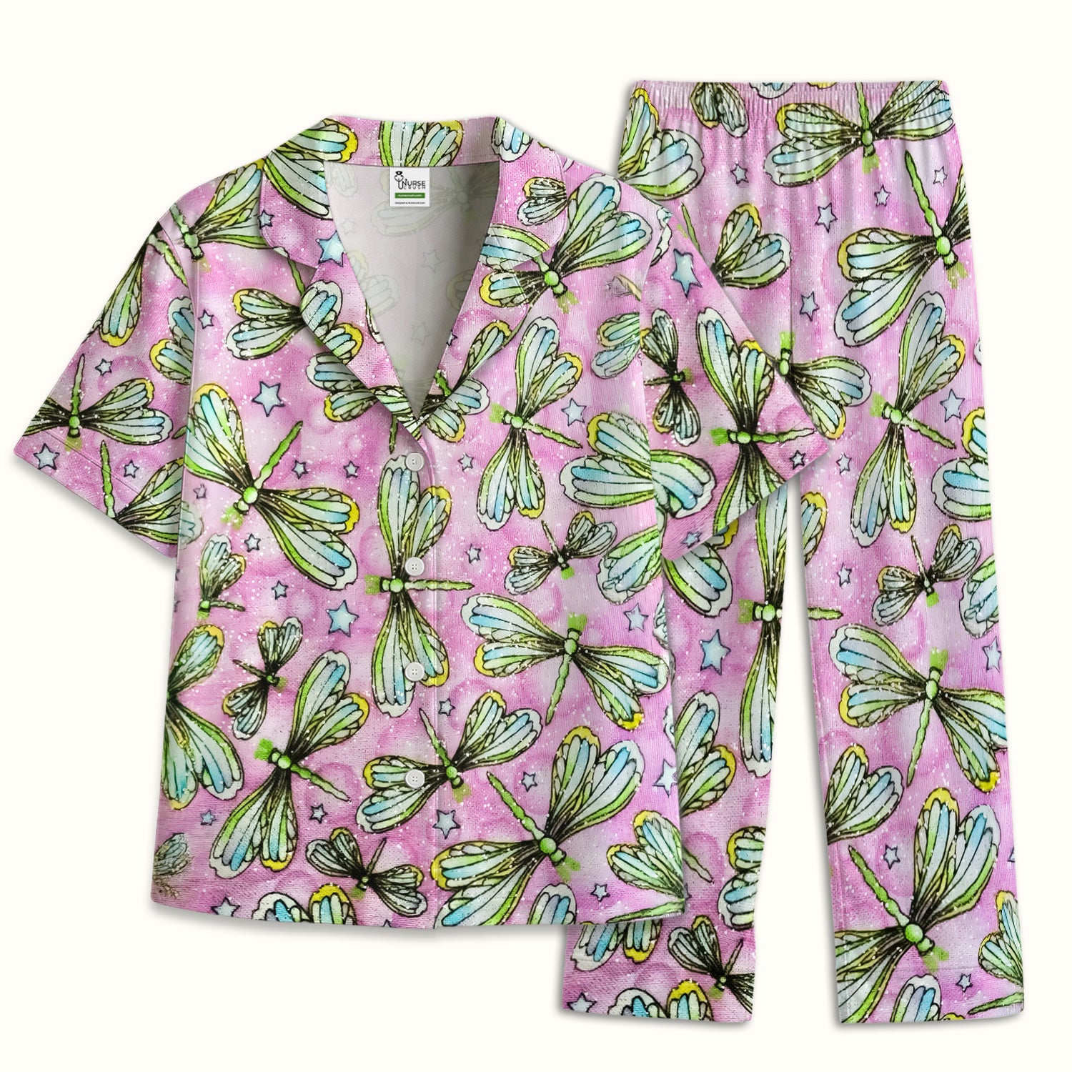 Dragonfly On Pink Starry Background Pajama Set, Breathable Fabrics Uniform
