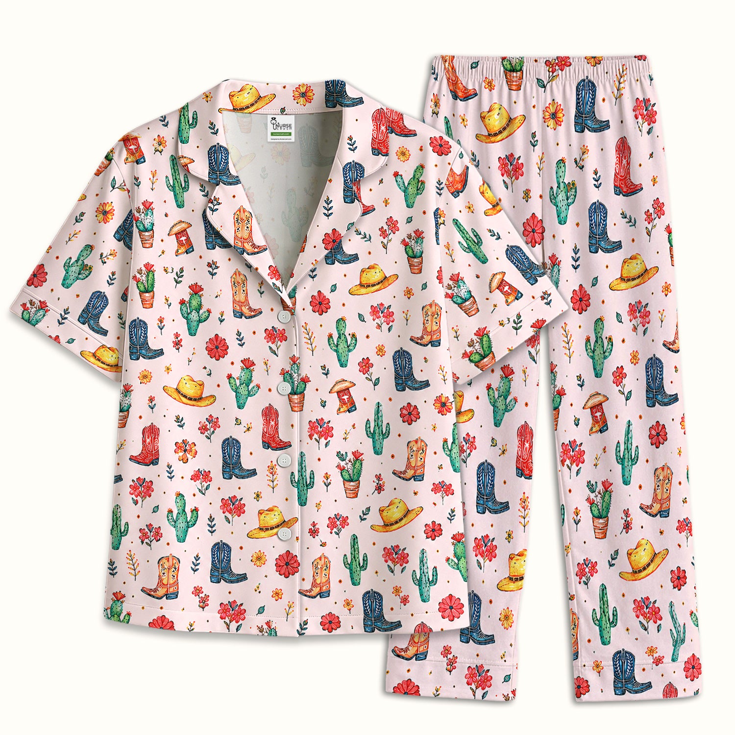 Whimsical Western Cactus Boots Pattern Pajama Set, Soft Breathable Fabric Comfortable Sleepwear