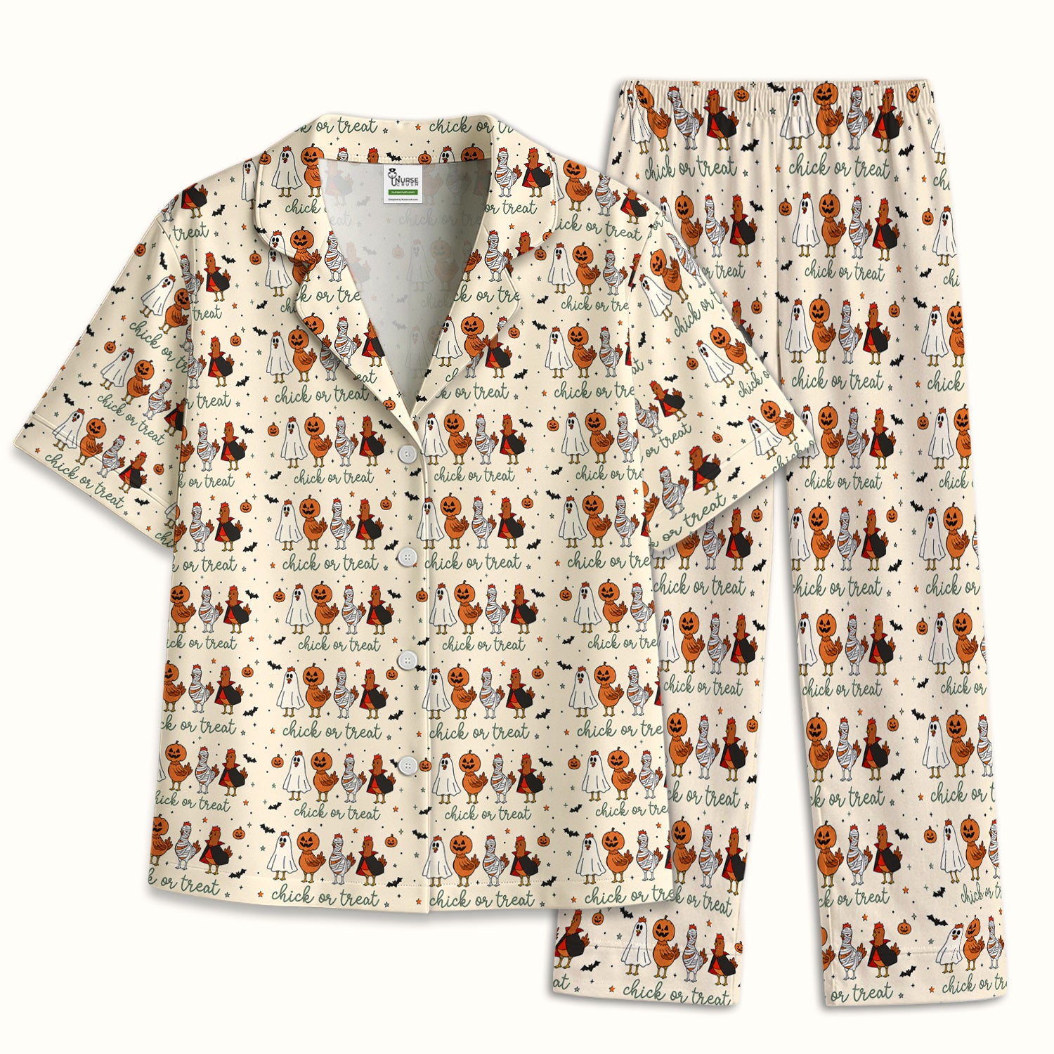 Funny Chick Or Treat Season Pajama Set, Soft Breathable Fabric Comfortable Sleepwear