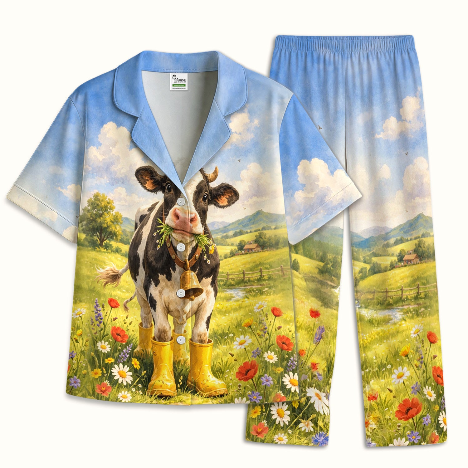 Cute Cow Wearing Boots Meadow Scene Pattern Pajama Set, Soft Breathable Fabric Comfortable Sleepwear