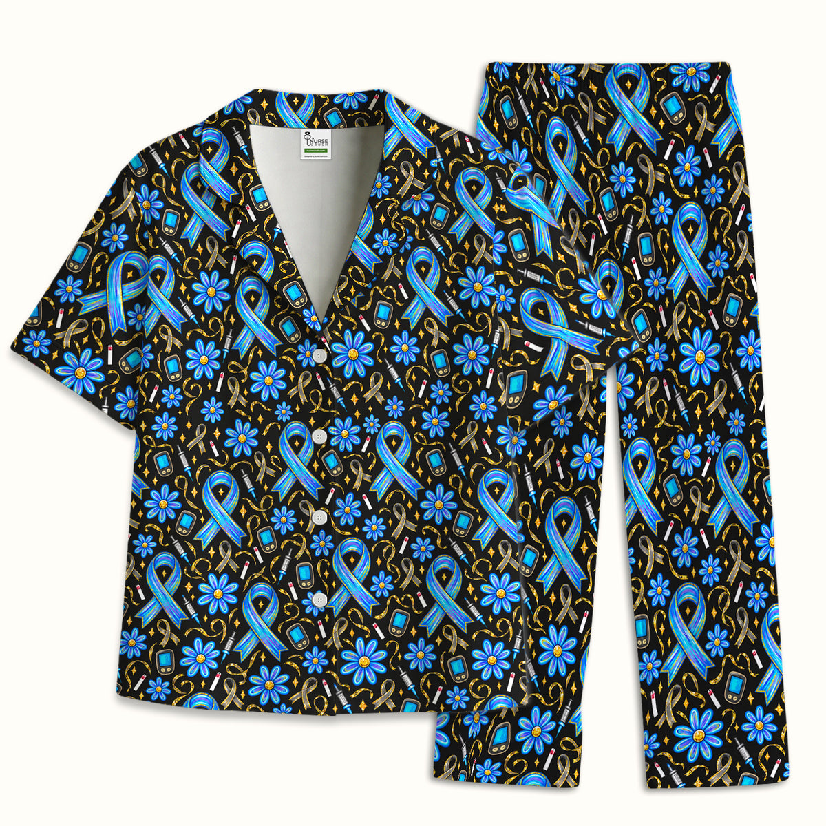Diabetes Awareness Ribbon Pattern Pajama Set, Soft Breathable Fabric Comfortable Sleepwear