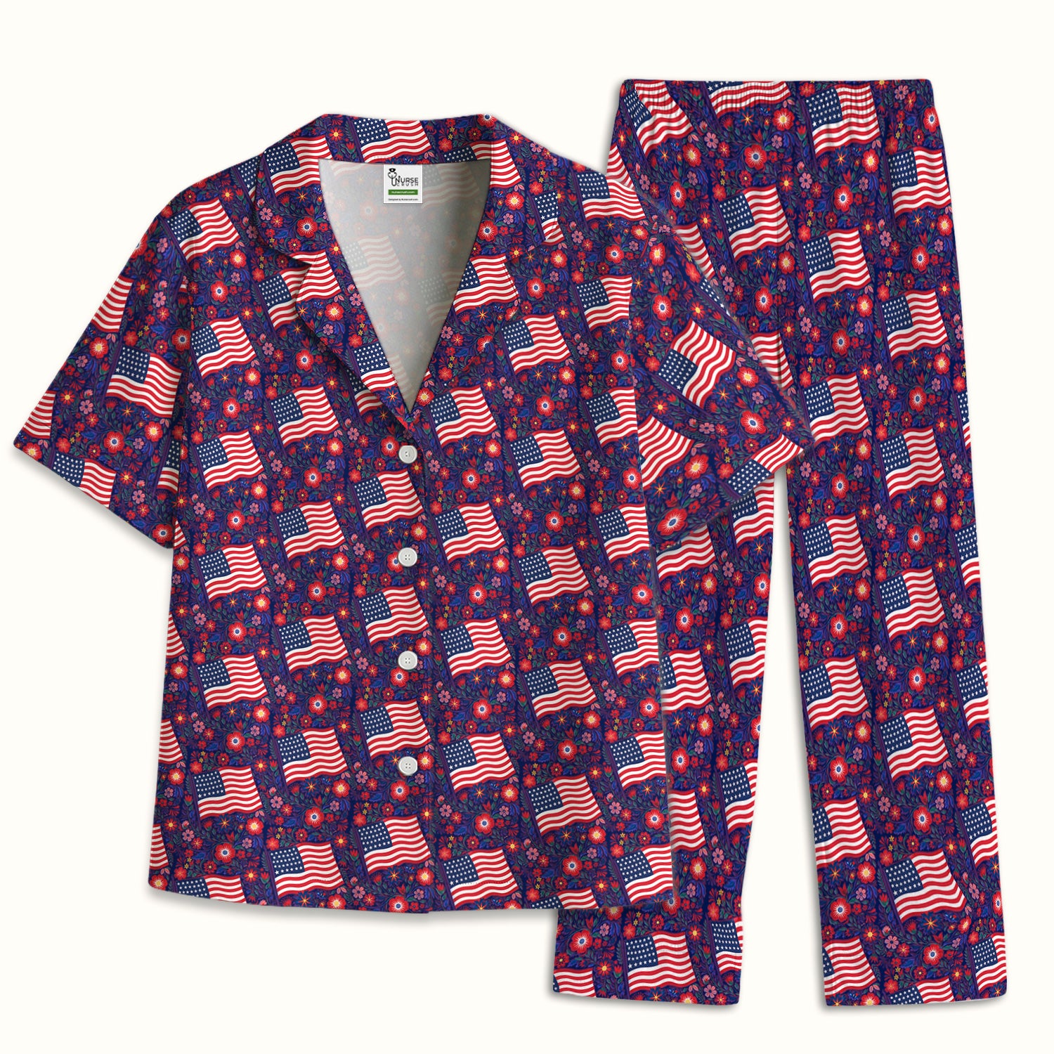 Patriotic USA Flag With Floral Fireworks Pattern Pajama Set, Soft Breathable Fabric Comfortable Sleepwear