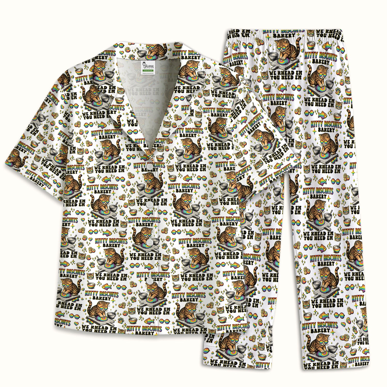 Pride Nurse Cat Baking Rainbow Dough Pattern Pajama Set, Breathable Fabrics Uniform