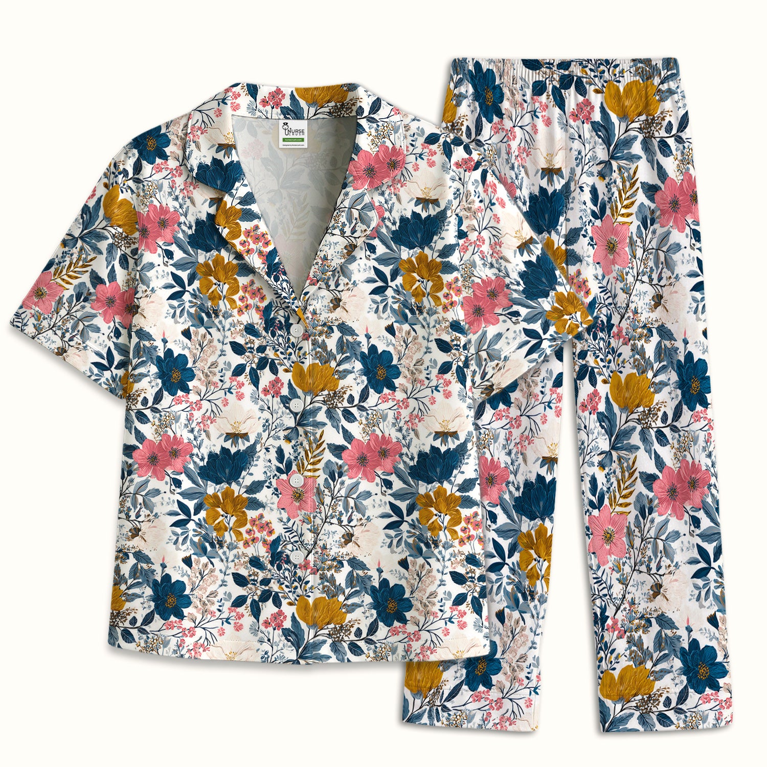 Elegant Floral Garden Bloom Pattern Pajama Set, Soft Breathable Fabric Comfortable Sleepwear