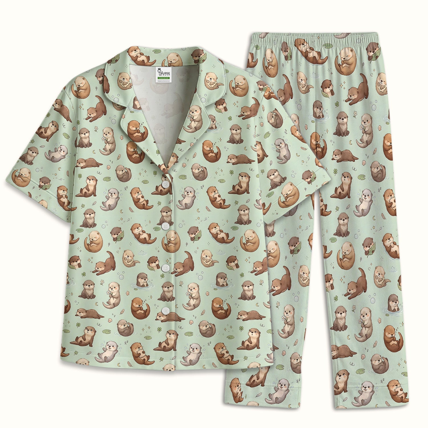 Cute Otter Pattern Pajama Set, Soft Breathable Fabric Comfortable Sleepwear