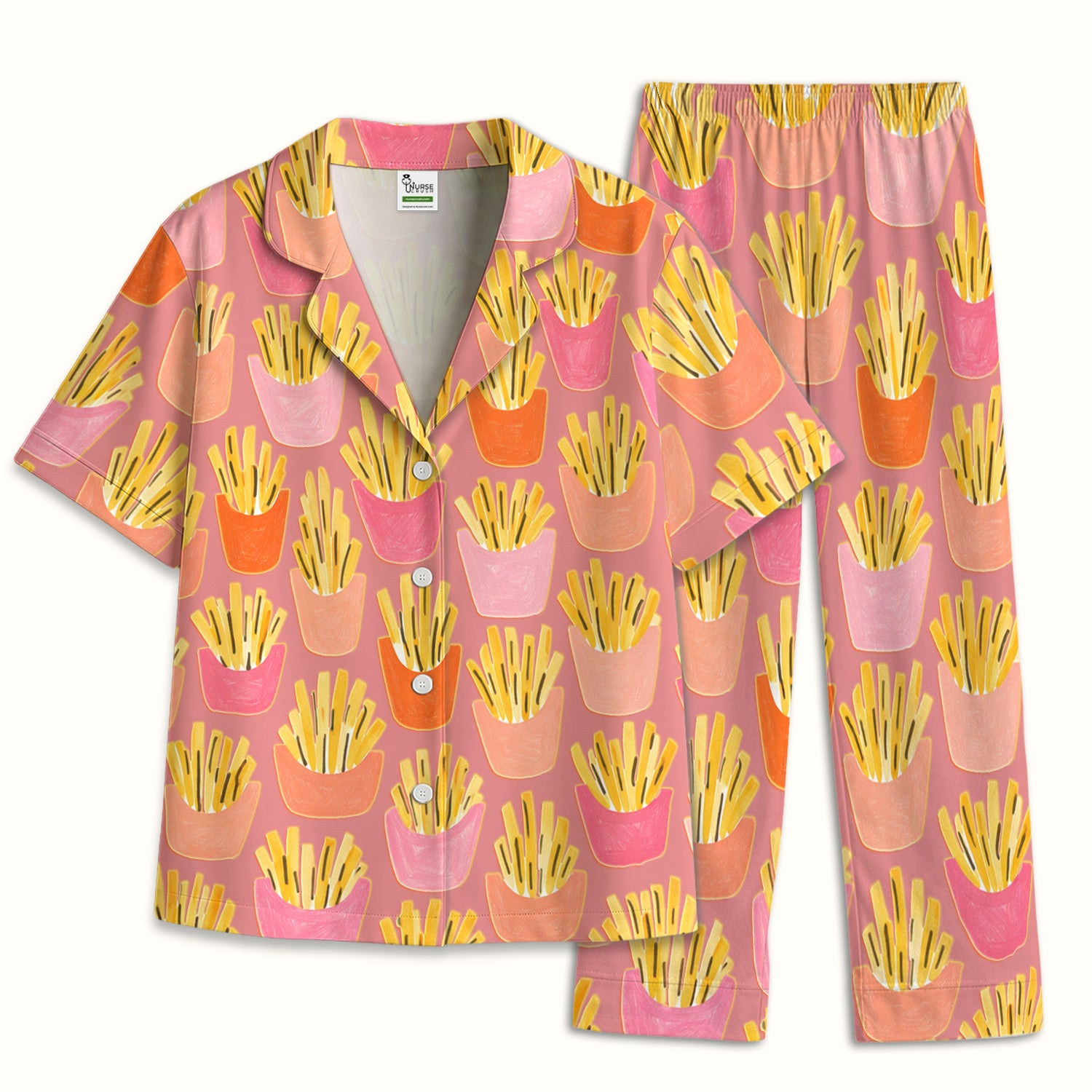 Funny French Fries Snack Food Pattern Pajama Set, Breathable Fabrics Uniform