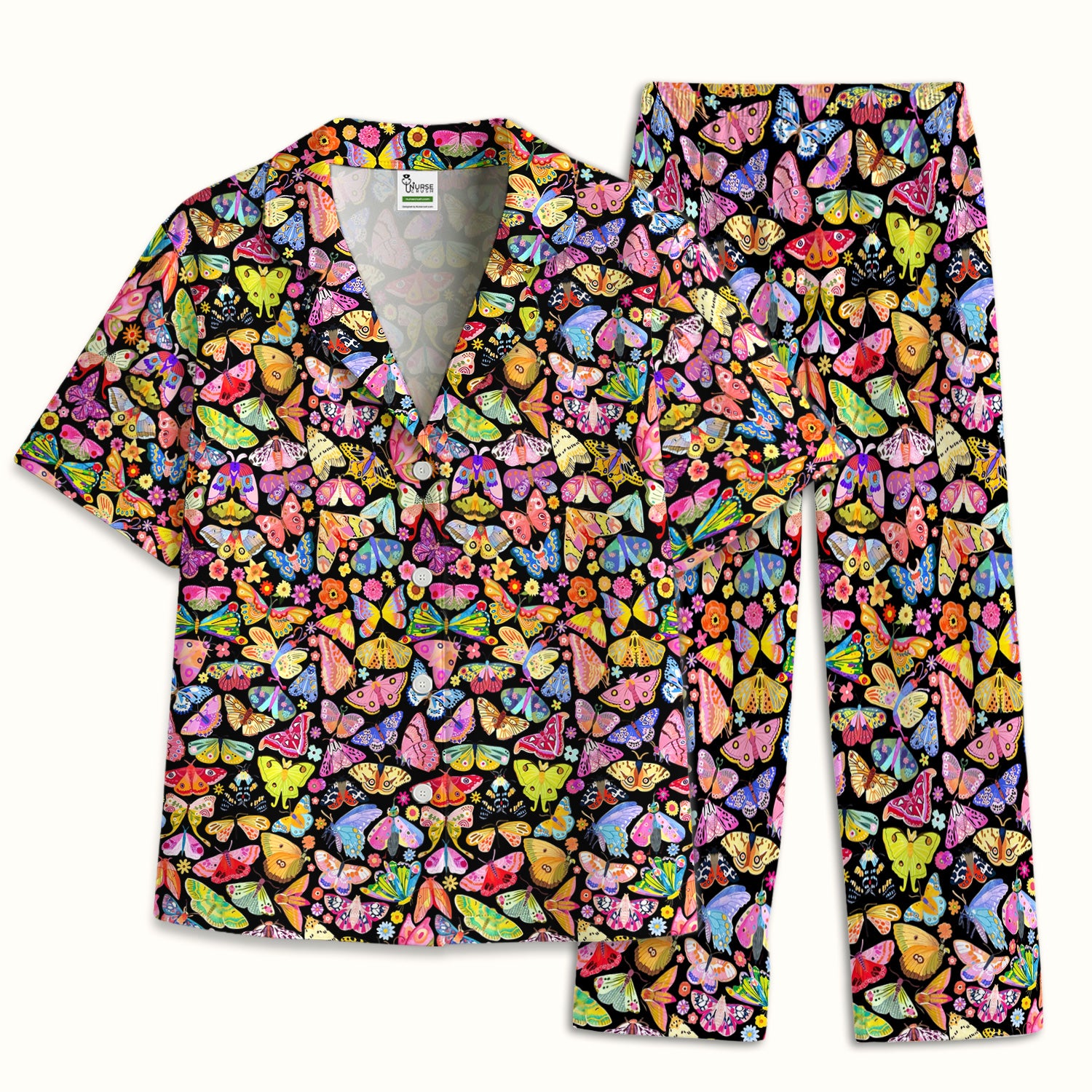 Cute Bright Butterfly Moth Floral Pajama Set, Soft Breathable Fabric Comfortable Sleepwear