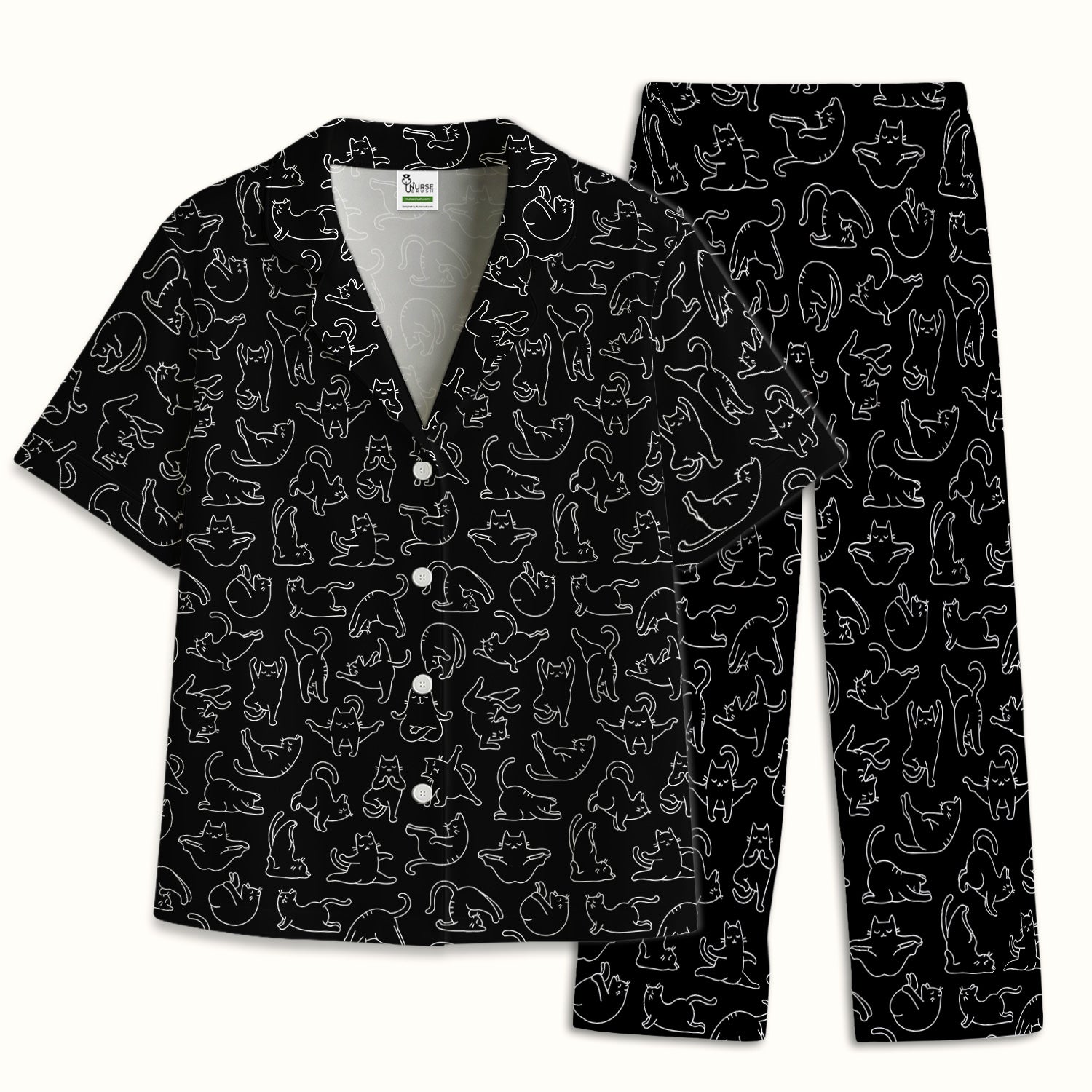 Cute Cat Outline Playing Pattern Pajama Set, Soft Breathable Fabric Comfortable Sleepwear