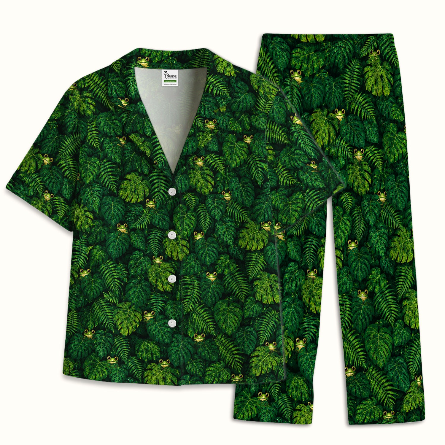 Cute Hidden Frog Jungle Pattern Pajama Set, Soft Breathable Fabric Comfortable Sleepwear