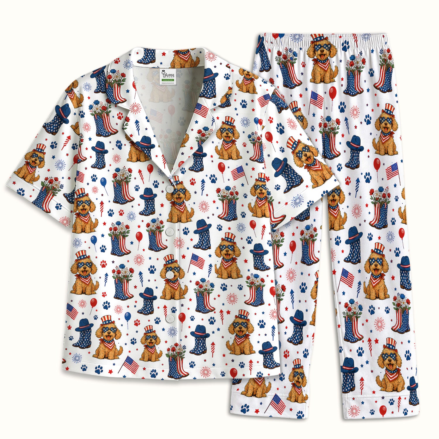 Patriotic Puppy Cowboy Boots Pattern Pajama Set, Soft Breathable Fabric Comfortable Sleepwear