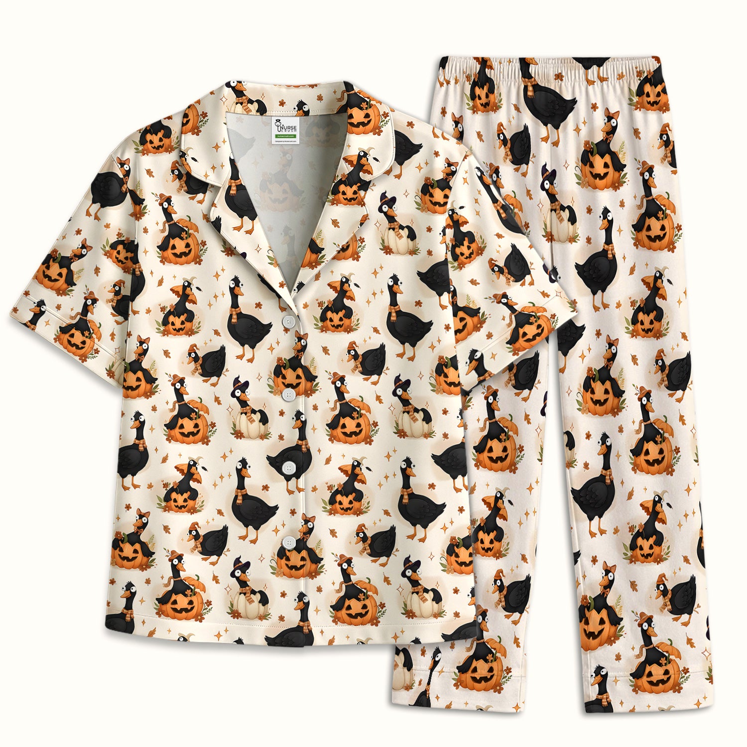 Pumpkin Black Goose Print Pajama Set, Soft Breathable Fabric Comfortable Sleepwear