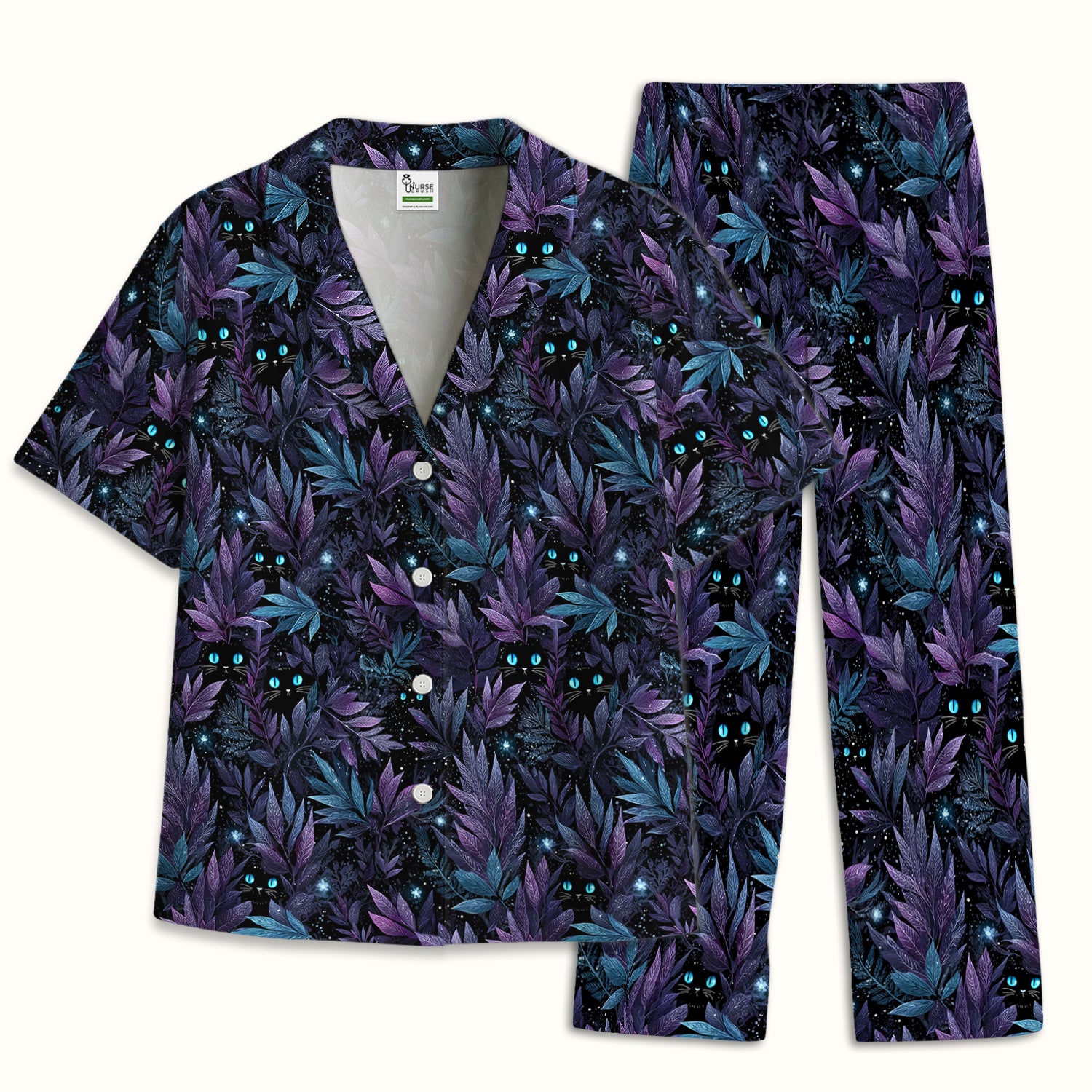 Mystic Black Cat Veterinary Pattern Pajama Set, Soft Breathable Fabric Comfortable Sleepwear