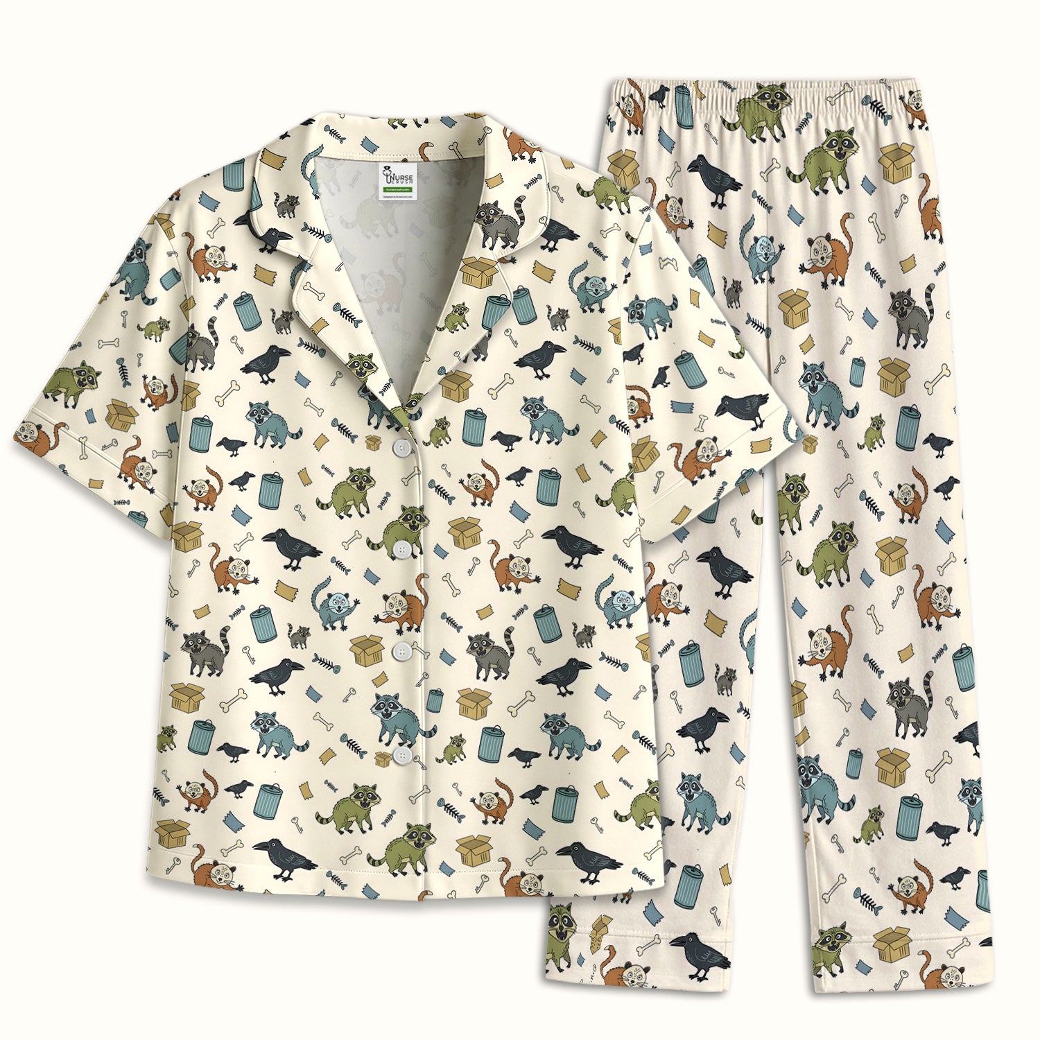 Funny Trash Raccoon Pattern Pajama Set, Soft Breathable Fabric Comfortable Sleepwear
